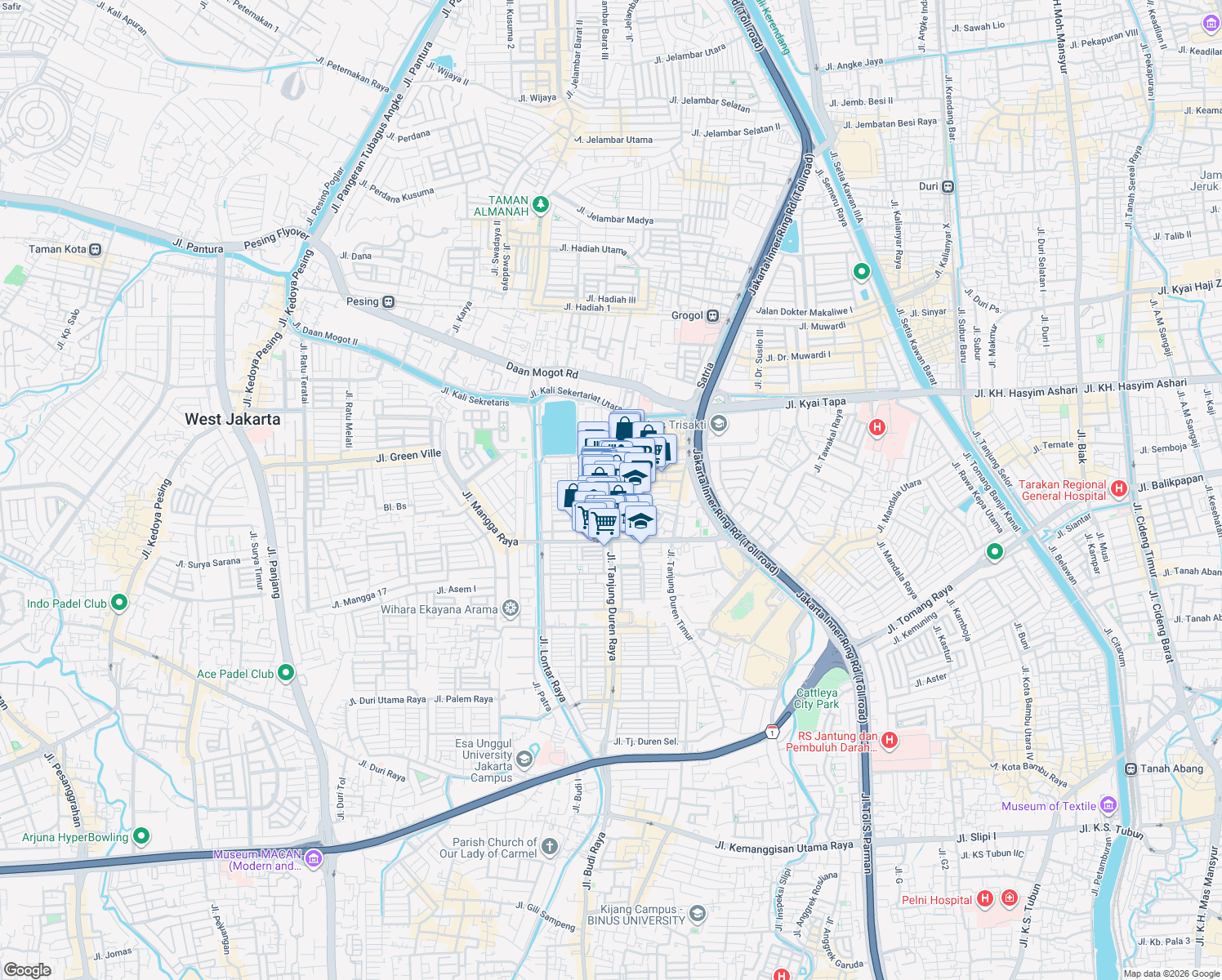 map of restaurants, bars, coffee shops, grocery stores, and more near 71 Jalan Tanjung Duren Utara IIIE in Kota Jakarta Barat