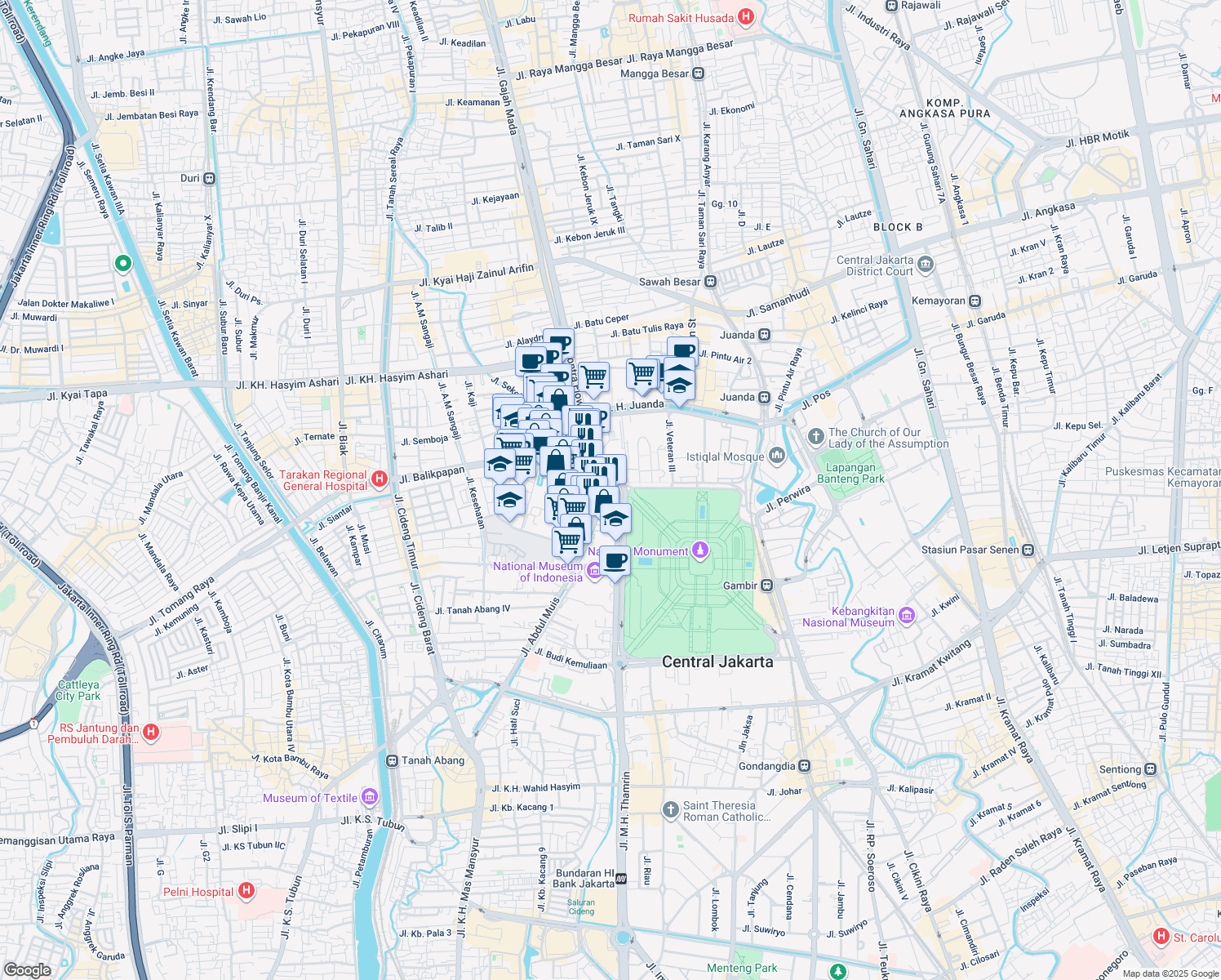 map of restaurants, bars, coffee shops, grocery stores, and more near 1 Jalan Medan Merdeka Barat in Kota Jakarta Pusat