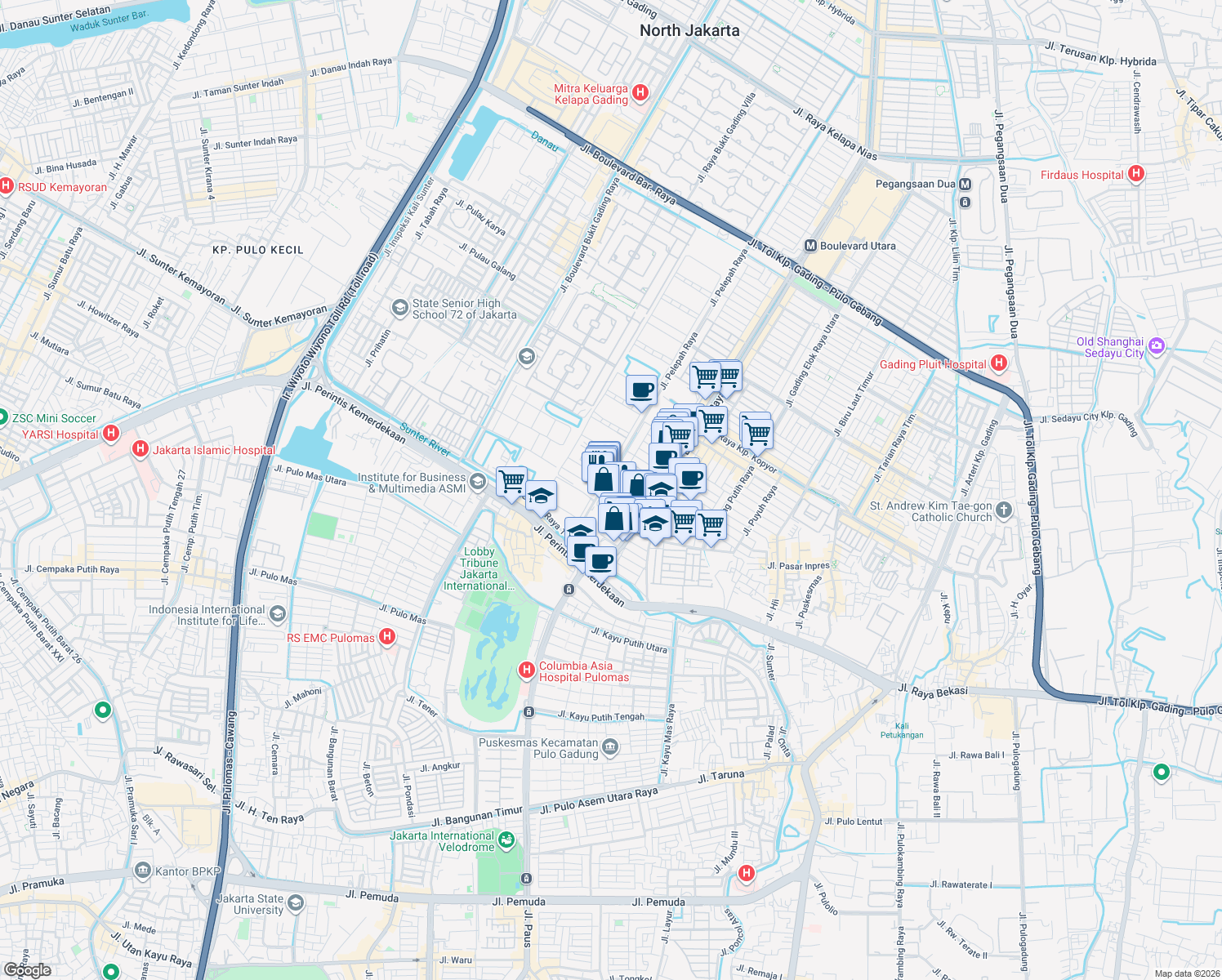 map of restaurants, bars, coffee shops, grocery stores, and more near 12 Jalan Raya Kelapa Kopyor in Kota Jakarta Utara