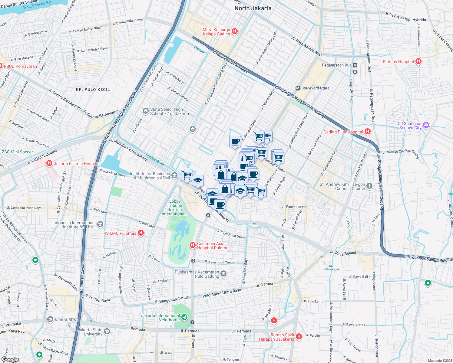 map of restaurants, bars, coffee shops, grocery stores, and more near 1 Jalan Boulevard Raya in Kota Jakarta Utara