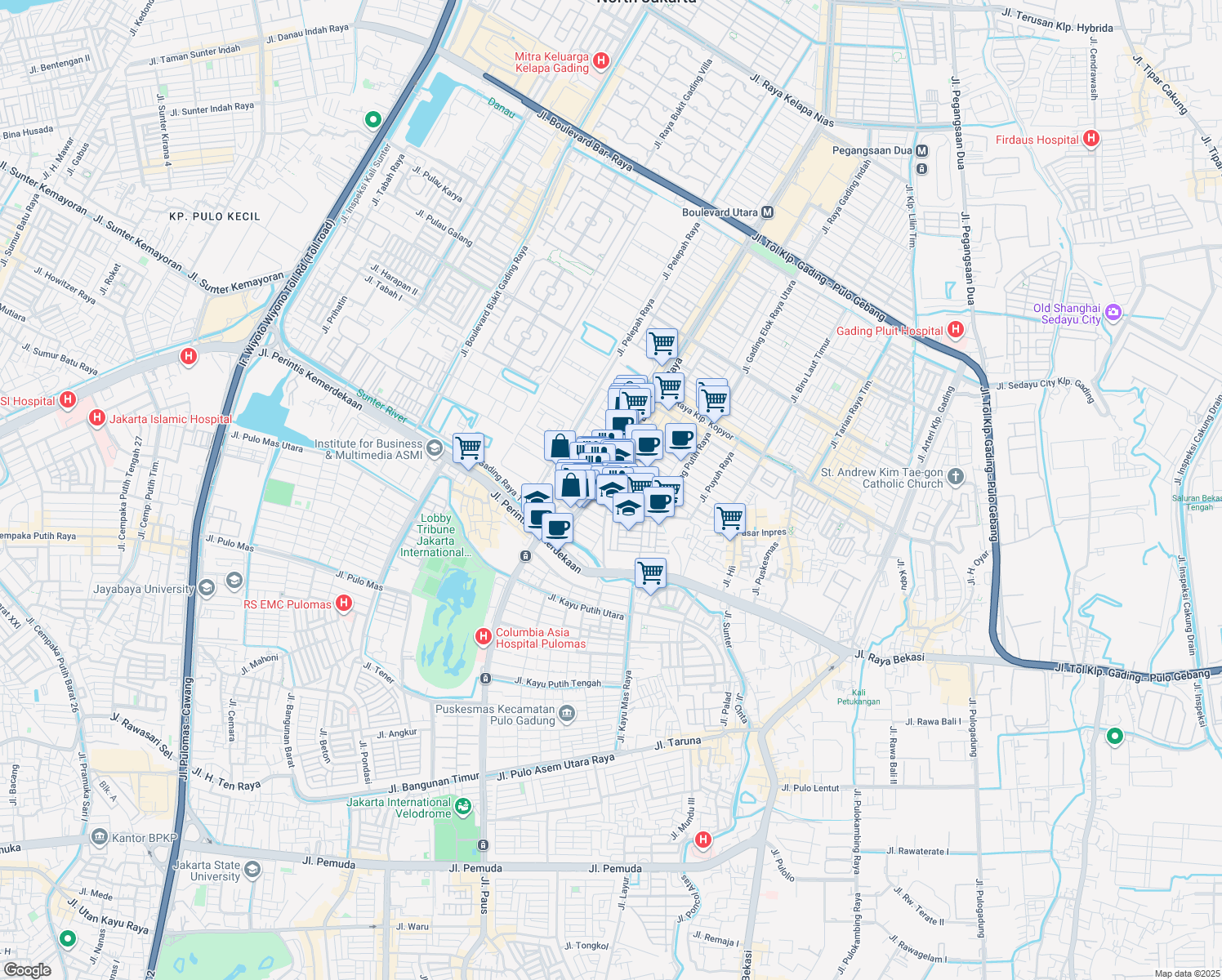 map of restaurants, bars, coffee shops, grocery stores, and more near 12 Jalan Raya Kelapa Gading in North Jakarta