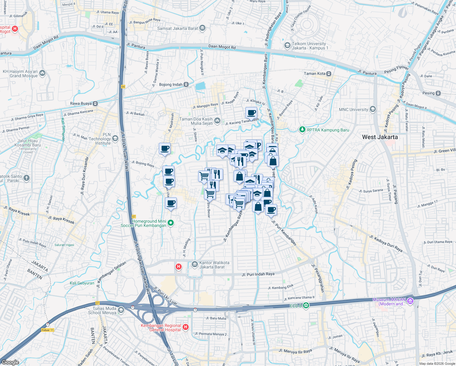 map of restaurants, bars, coffee shops, grocery stores, and more near Jalan Kembangan Utama in Kota Jakarta Barat