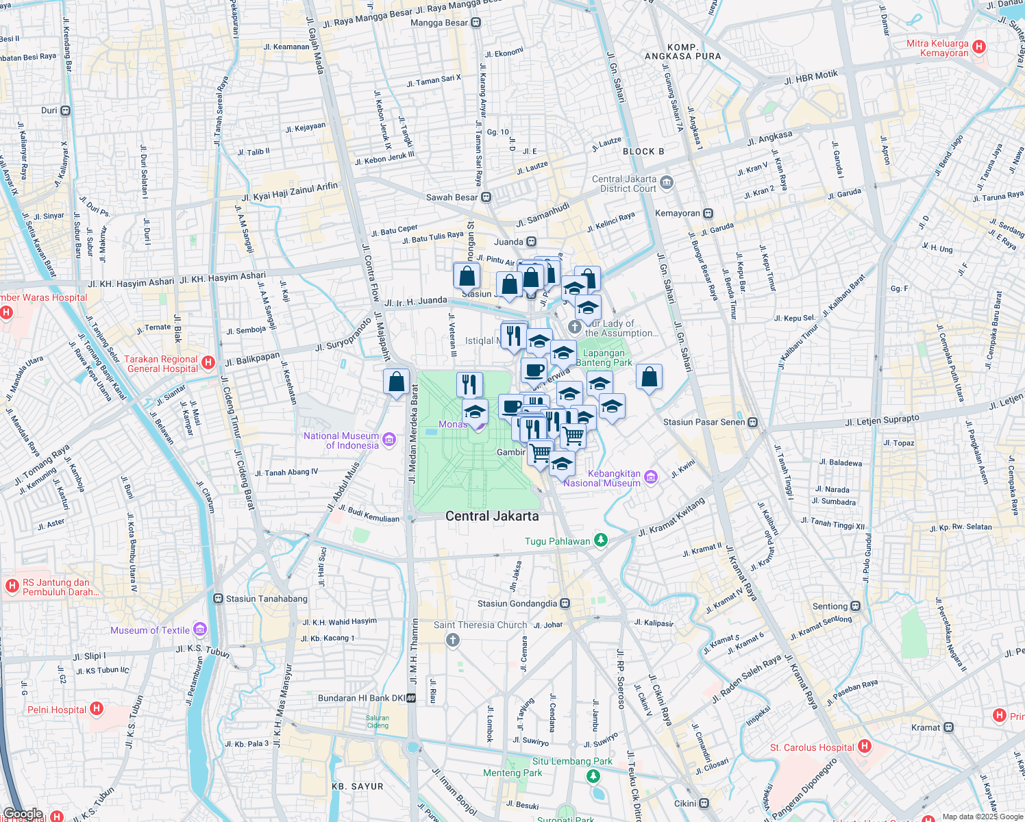 map of restaurants, bars, coffee shops, grocery stores, and more near 1 Jalan Medan Merdeka Timur in Kota Jakarta Pusat