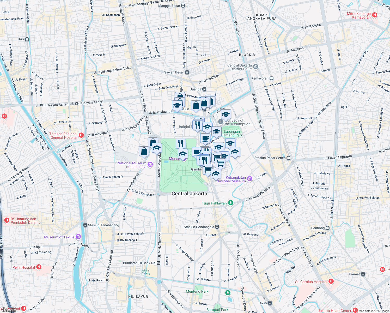 map of restaurants, bars, coffee shops, grocery stores, and more near Jalan Silang Monas Timur Laut in Kota Jakarta Pusat