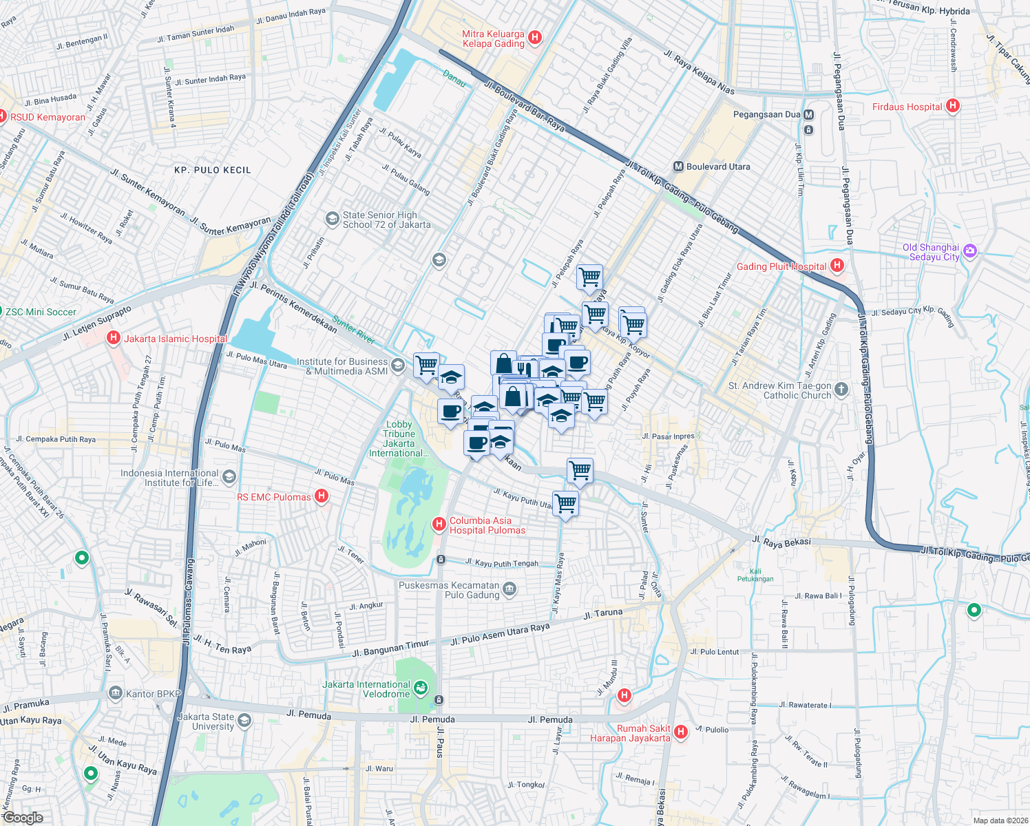 map of restaurants, bars, coffee shops, grocery stores, and more near Jalan Boulevard Raya in Kota Jakarta Utara