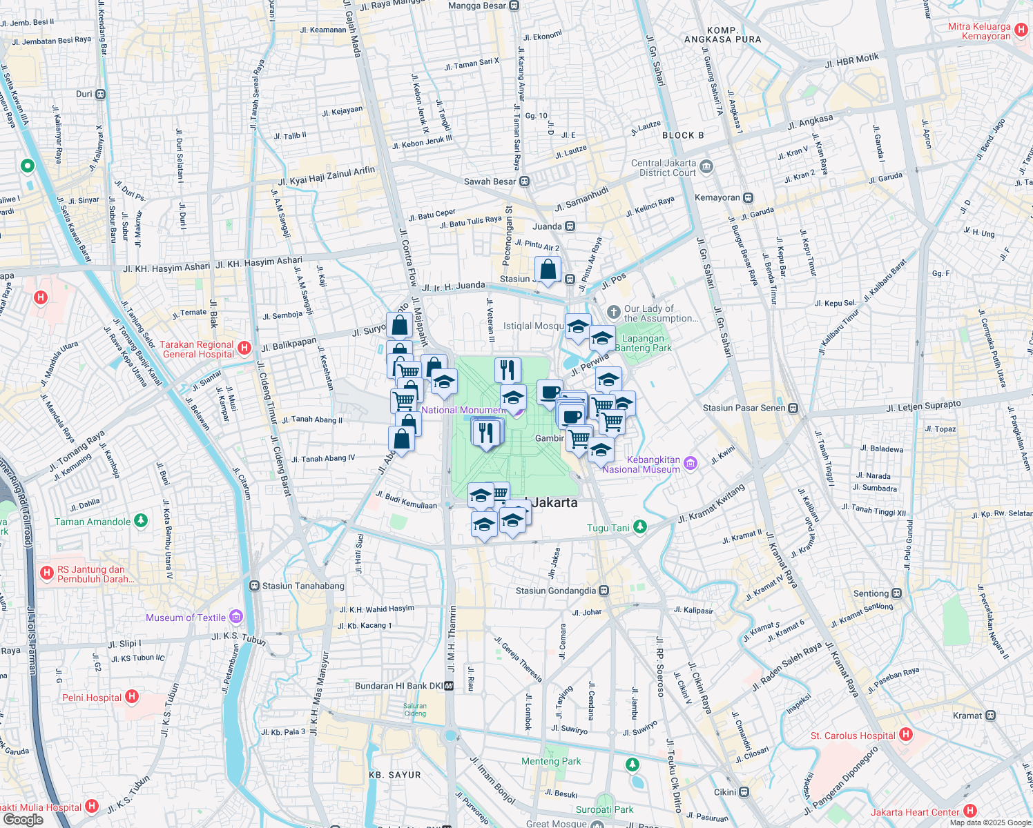 map of restaurants, bars, coffee shops, grocery stores, and more near in Central Jakarta City