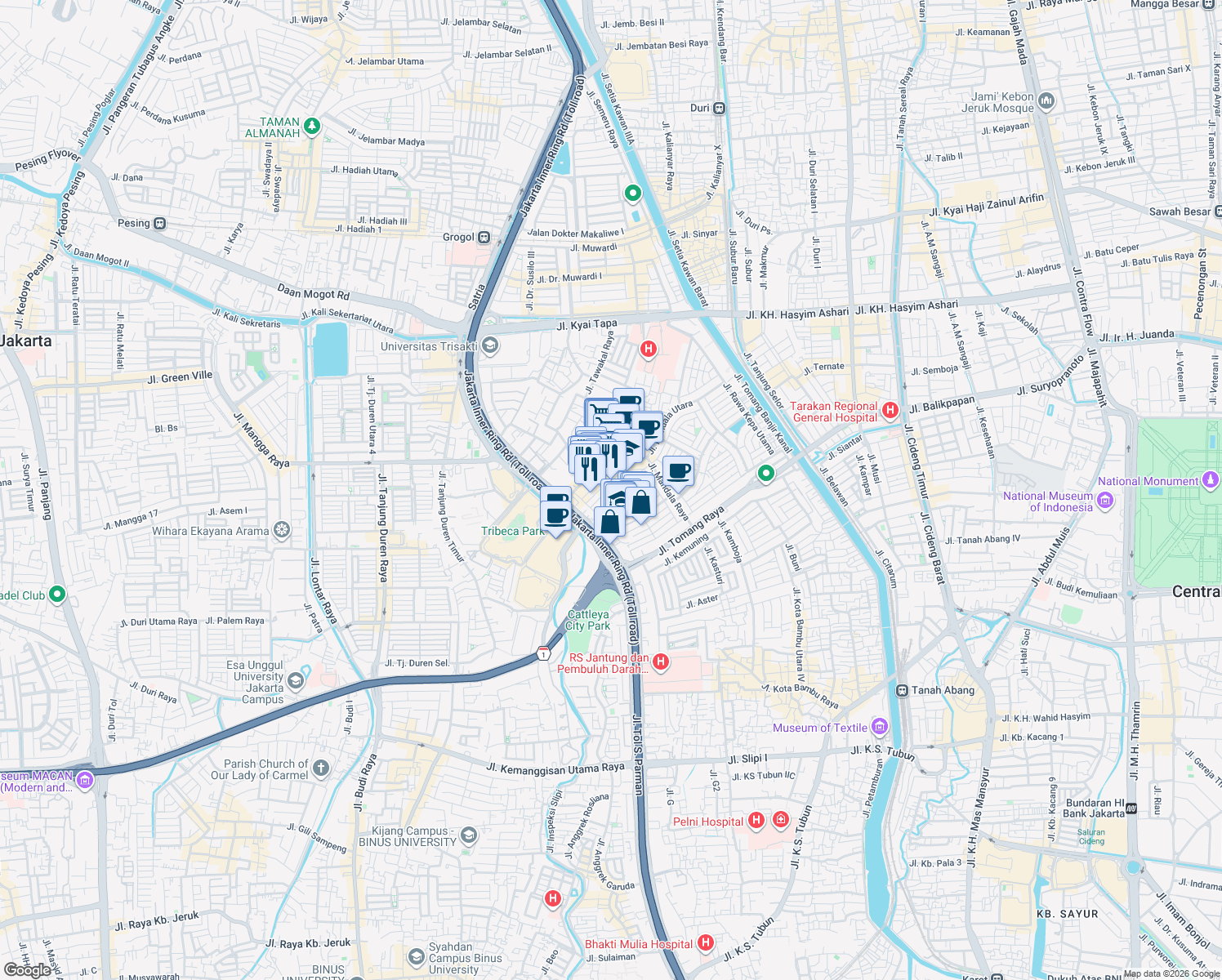 map of restaurants, bars, coffee shops, grocery stores, and more near 16 Jalan Gelong Baru Tengah in Kota Jakarta Barat