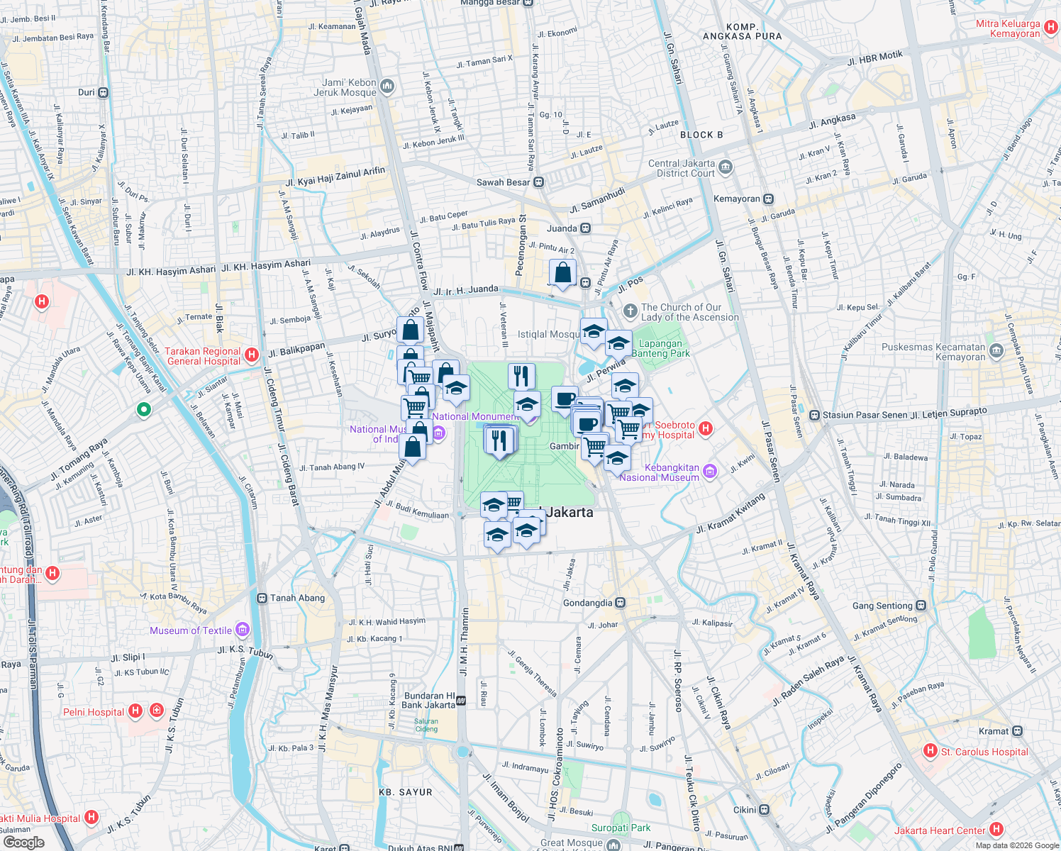 map of restaurants, bars, coffee shops, grocery stores, and more near 1 Jalan Tugu Monas in Kota Jakarta Pusat