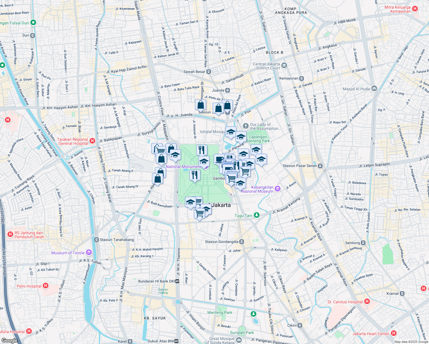 map of restaurants, bars, coffee shops, grocery stores, and more near Jalan Pelataran Merdeka in Kota Jakarta Pusat