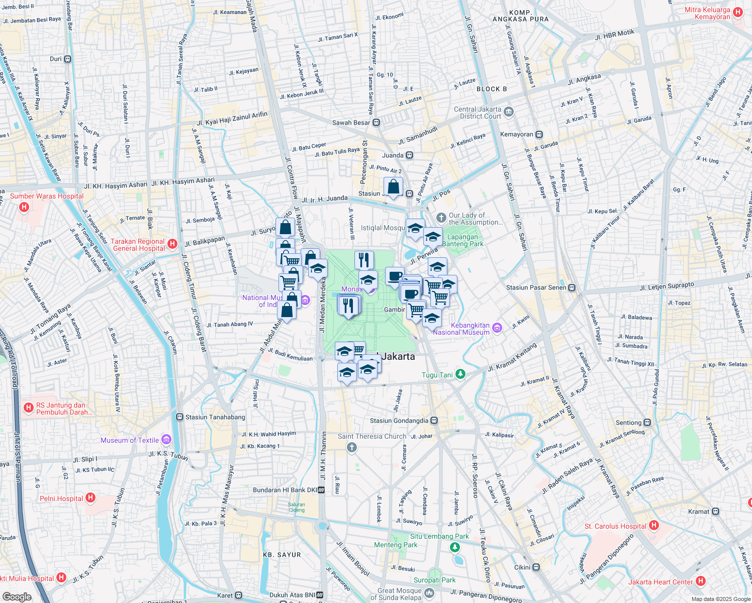 map of restaurants, bars, coffee shops, grocery stores, and more near in Central Jakarta City
