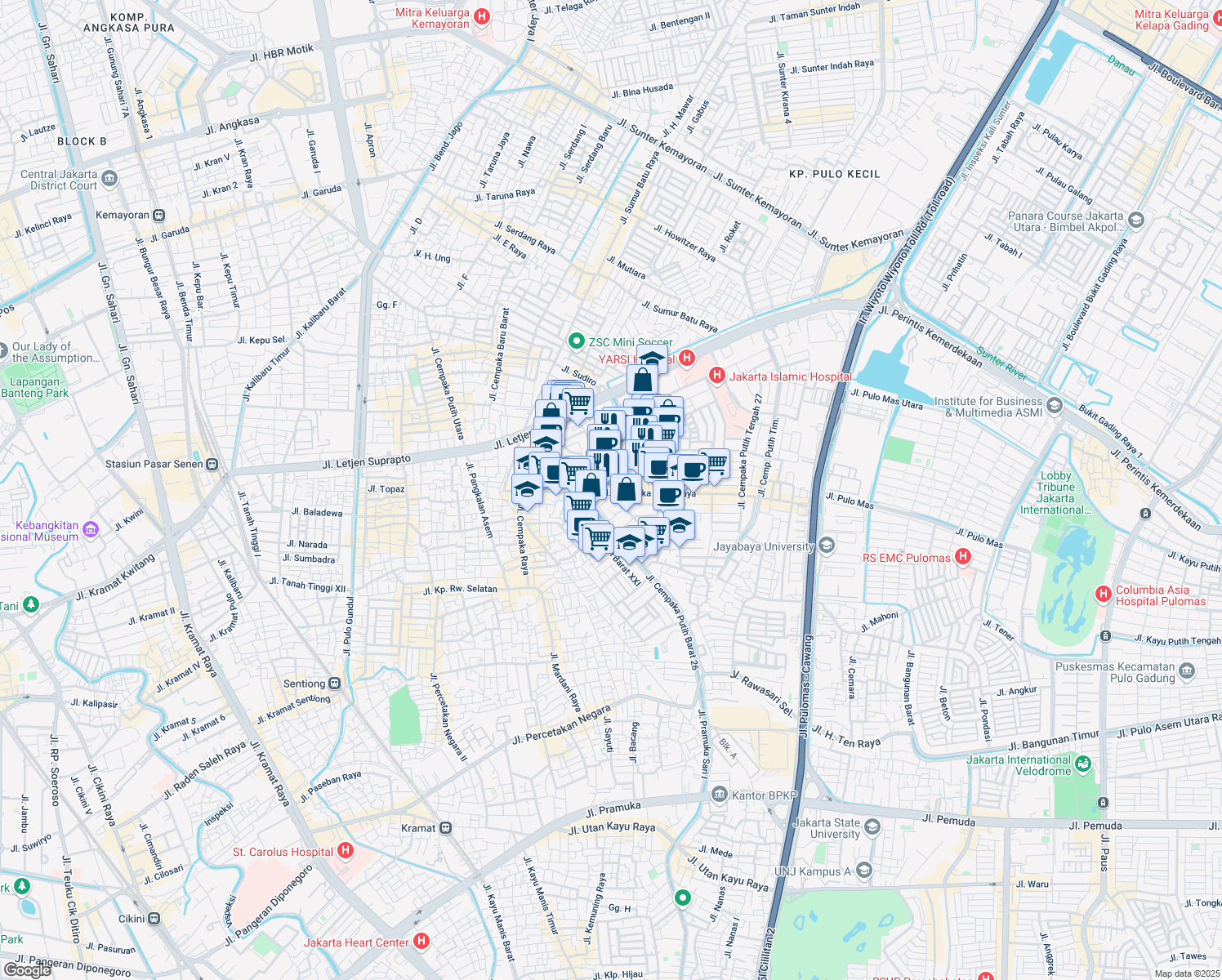 map of restaurants, bars, coffee shops, grocery stores, and more near 10 Jalan Cempaka Putih Raya in Kota Jakarta Pusat
