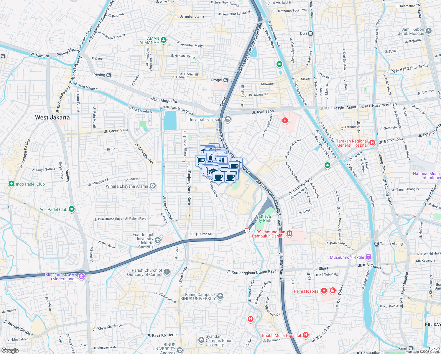 map of restaurants, bars, coffee shops, grocery stores, and more near in Kota Jakarta Barat