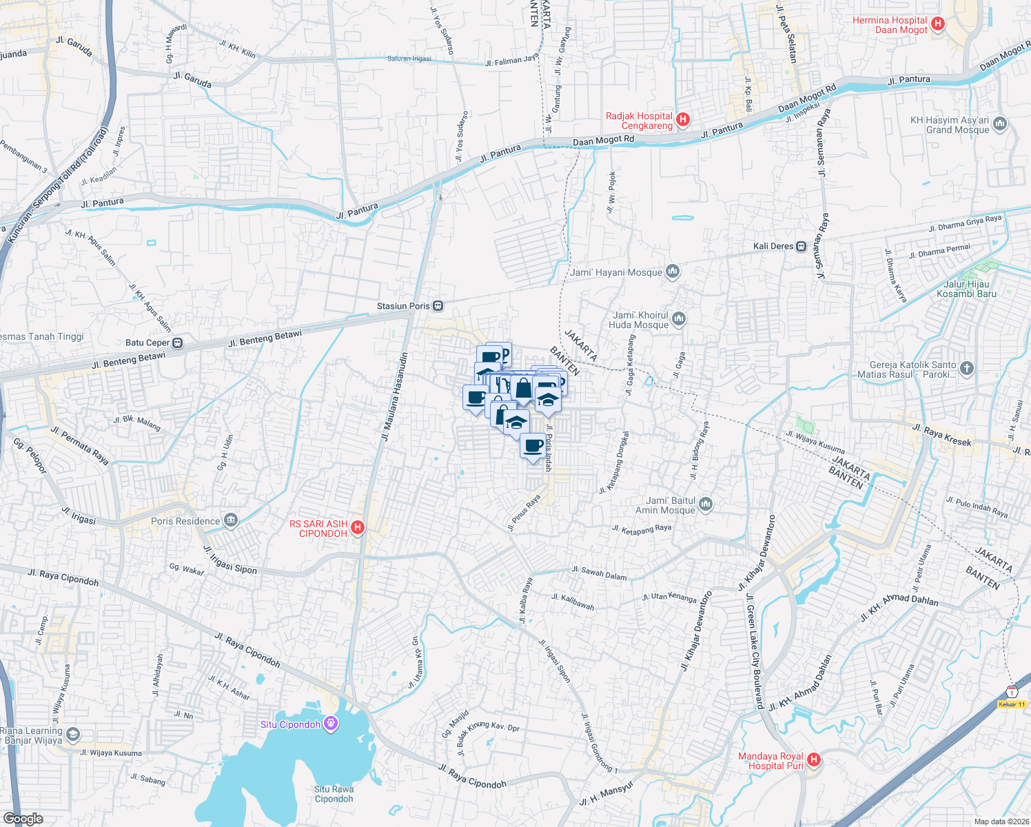 map of restaurants, bars, coffee shops, grocery stores, and more near 38 Jalan Mutiara 2 in Kota Tangerang