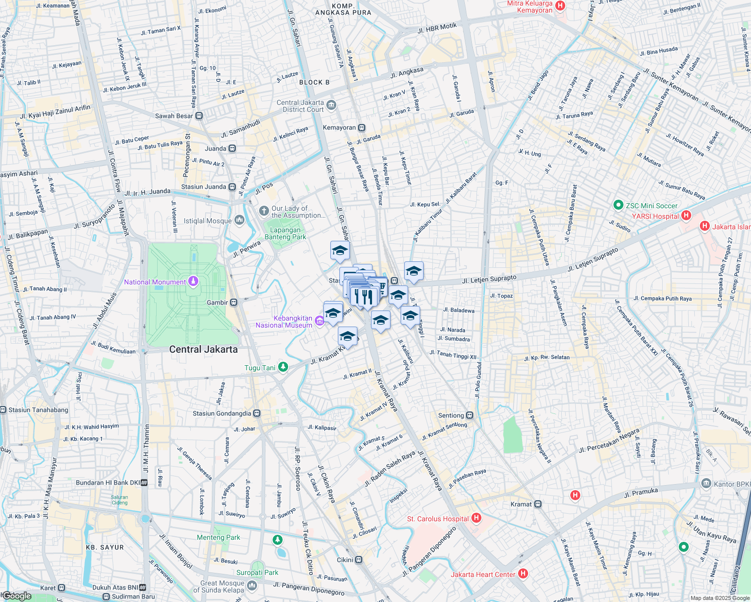 map of restaurants, bars, coffee shops, grocery stores, and more near Jalan Pasar Senen in Kota Jakarta Pusat