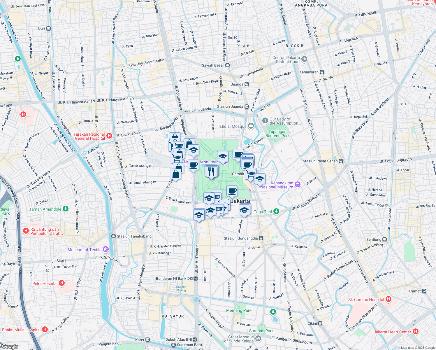 map of restaurants, bars, coffee shops, grocery stores, and more near Silang Monas Barat Daya in Kota Jakarta Pusat