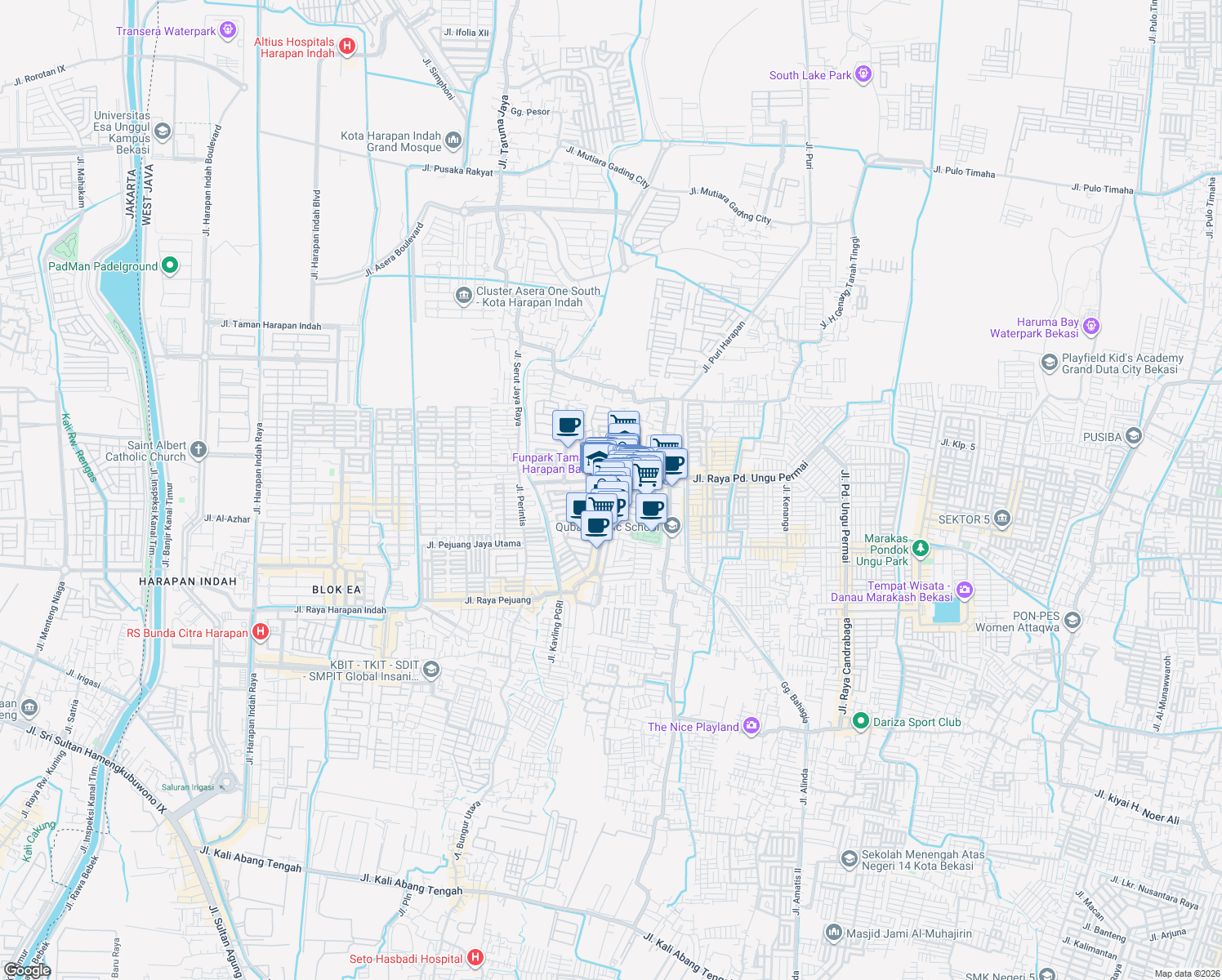 map of restaurants, bars, coffee shops, grocery stores, and more near 11 Jalan Taman Harapan Baru in Kota Bekasi