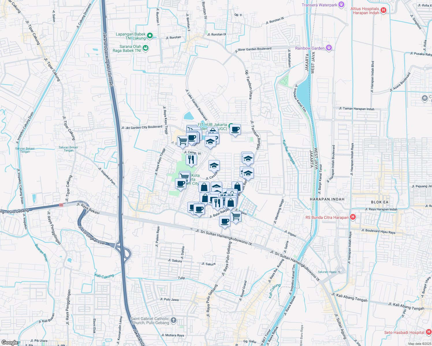 map of restaurants, bars, coffee shops, grocery stores, and more near 46 Jalan Cassia Utama in Kota Jakarta Timur