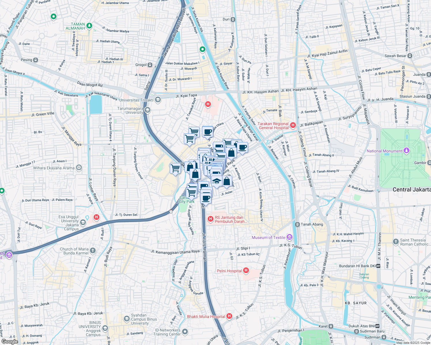 map of restaurants, bars, coffee shops, grocery stores, and more near Jalan Tomang Raya in Djakarta