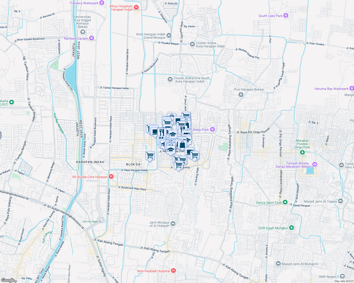 map of restaurants, bars, coffee shops, grocery stores, and more near 21 Jalan Apel 2 in Kota Bekasi