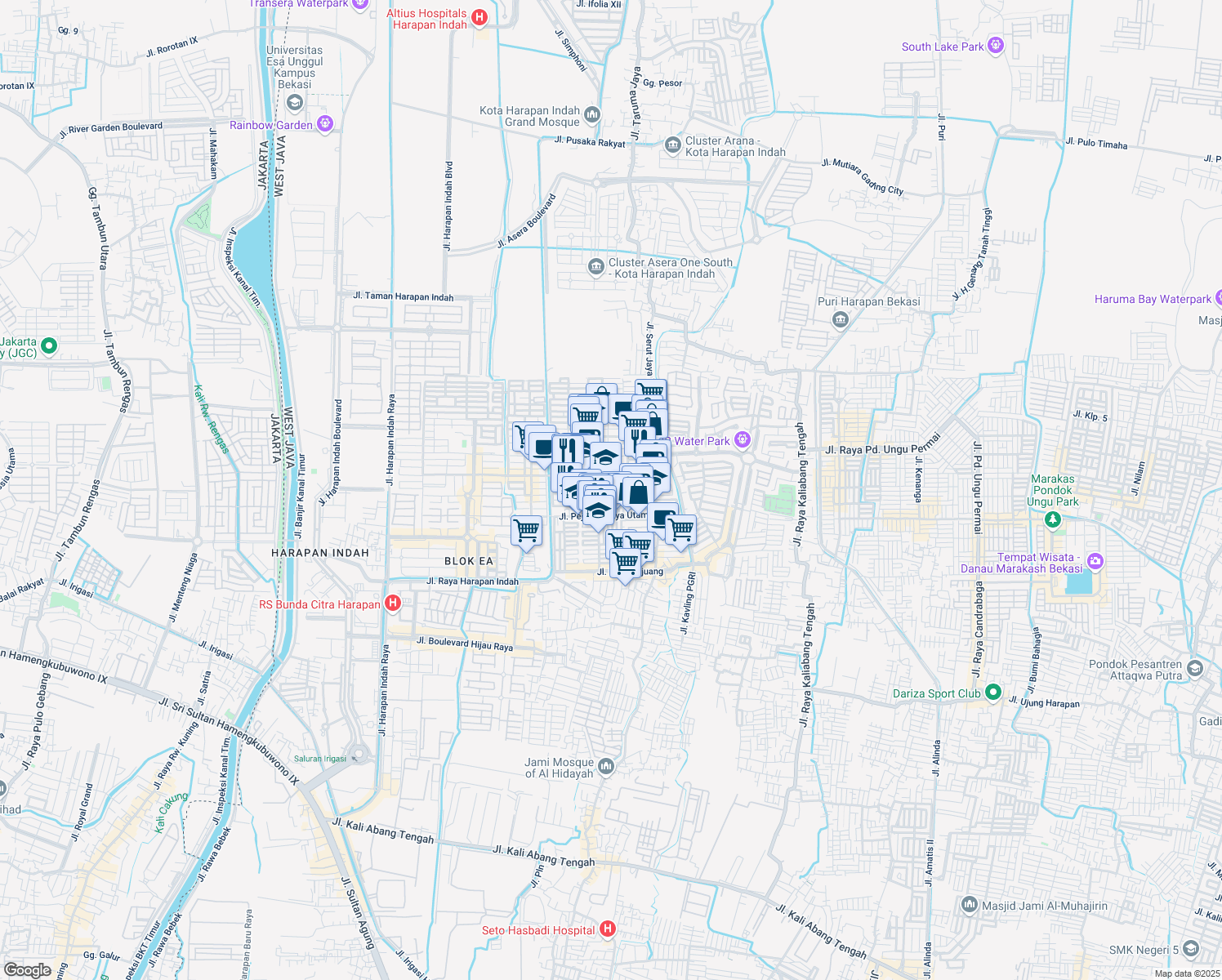map of restaurants, bars, coffee shops, grocery stores, and more near 21 Jalan Apel 2 in Kota Bekasi