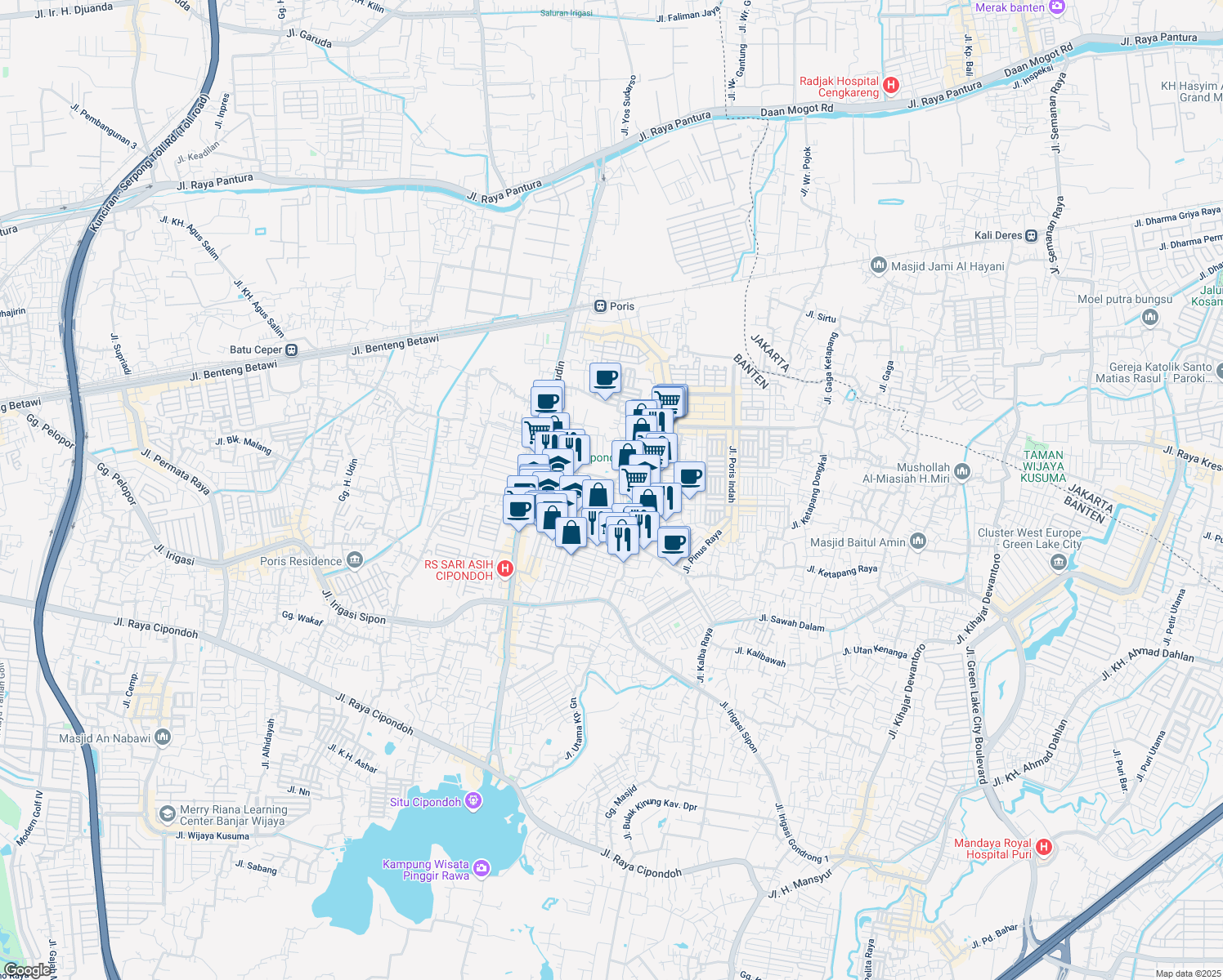 map of restaurants, bars, coffee shops, grocery stores, and more near Gelora 2 in Tangerang