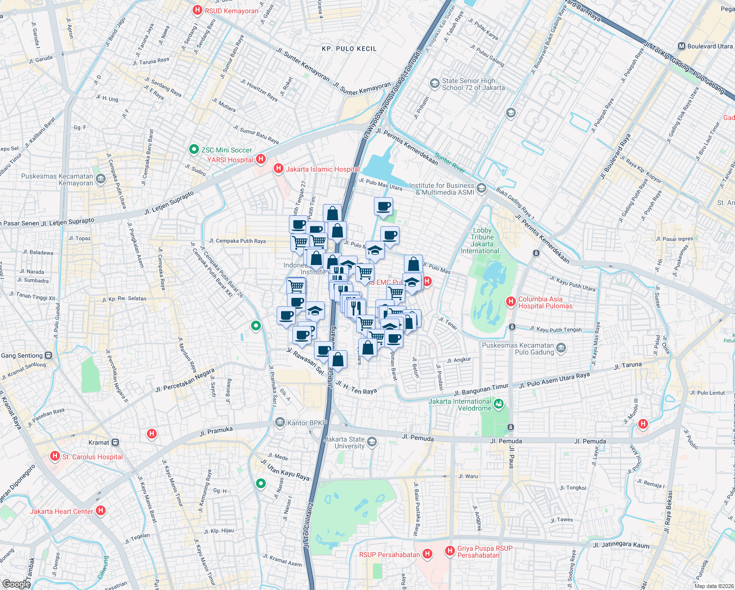 map of restaurants, bars, coffee shops, grocery stores, and more near in Kota Jakarta Timur