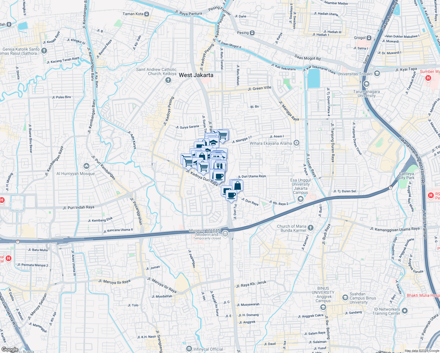 map of restaurants, bars, coffee shops, grocery stores, and more near Jalan Panjang in Kota Jakarta Barat