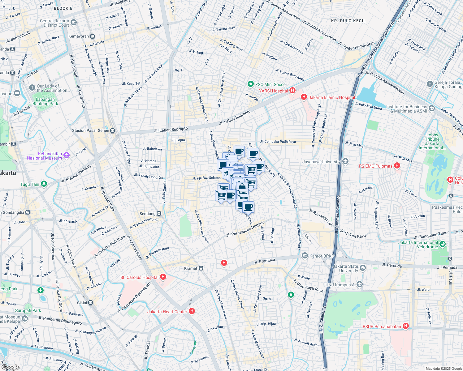 map of restaurants, bars, coffee shops, grocery stores, and more near 4 Jalan Johar Baru in Kota Jakarta Pusat