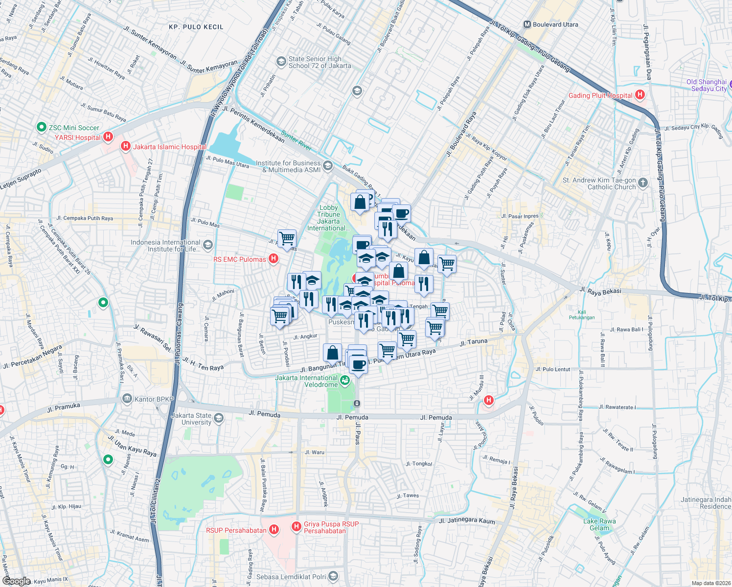 map of restaurants, bars, coffee shops, grocery stores, and more near 21 Jalan Kayu Putih Raya in Kota Jakarta Timur