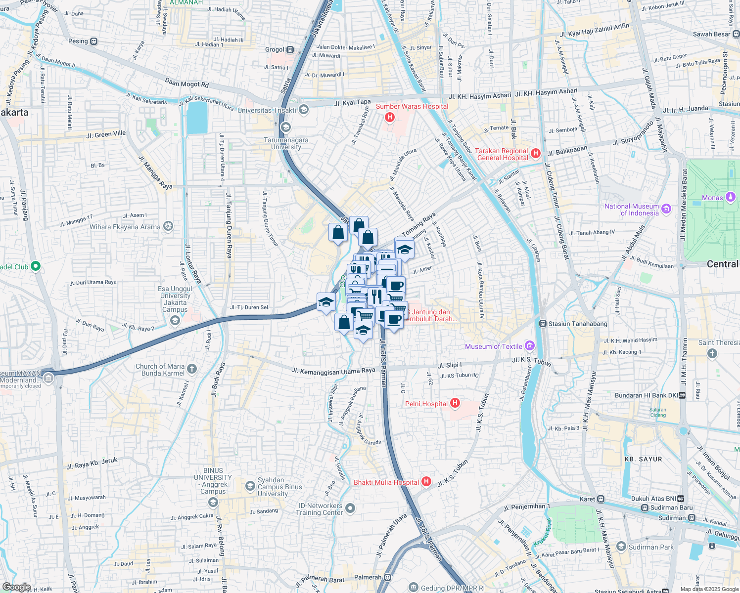 map of restaurants, bars, coffee shops, grocery stores, and more near 7 Jalan Anggrek Neli Murni in Kota Jakarta Barat