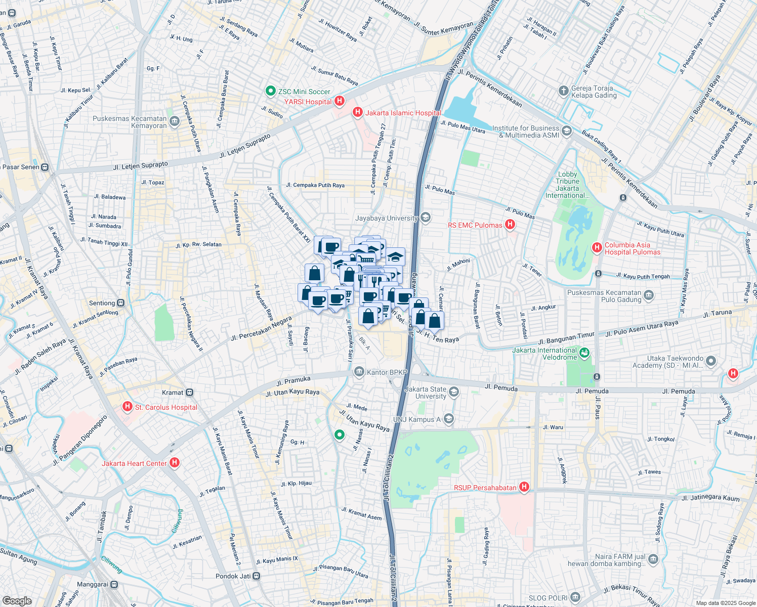 map of restaurants, bars, coffee shops, grocery stores, and more near Jalan Rawasari Selatan in Kota Jakarta Pusat