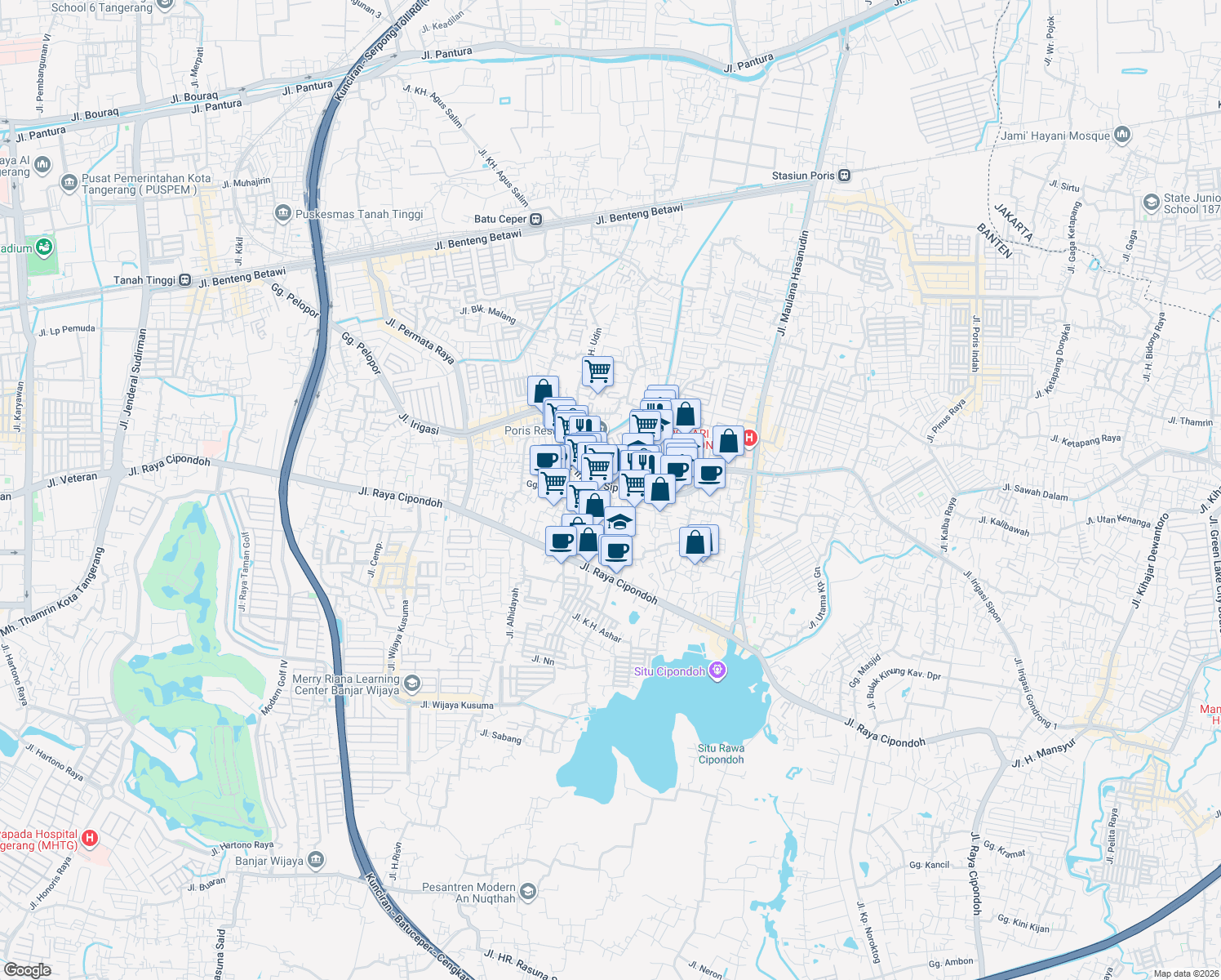 map of restaurants, bars, coffee shops, grocery stores, and more near No. 13 Jalan Irigasi Sipon in Kota Tangerang