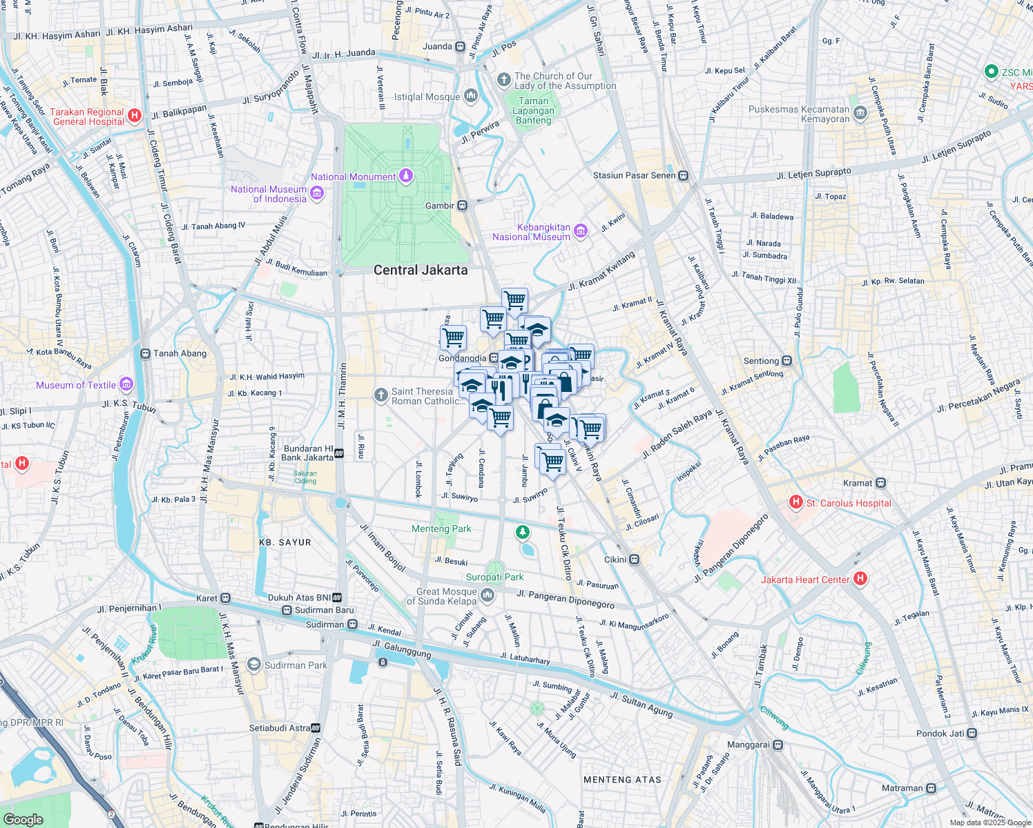 map of restaurants, bars, coffee shops, grocery stores, and more near 3 Jalan Cut Nyak Dien in Kota Jakarta Pusat