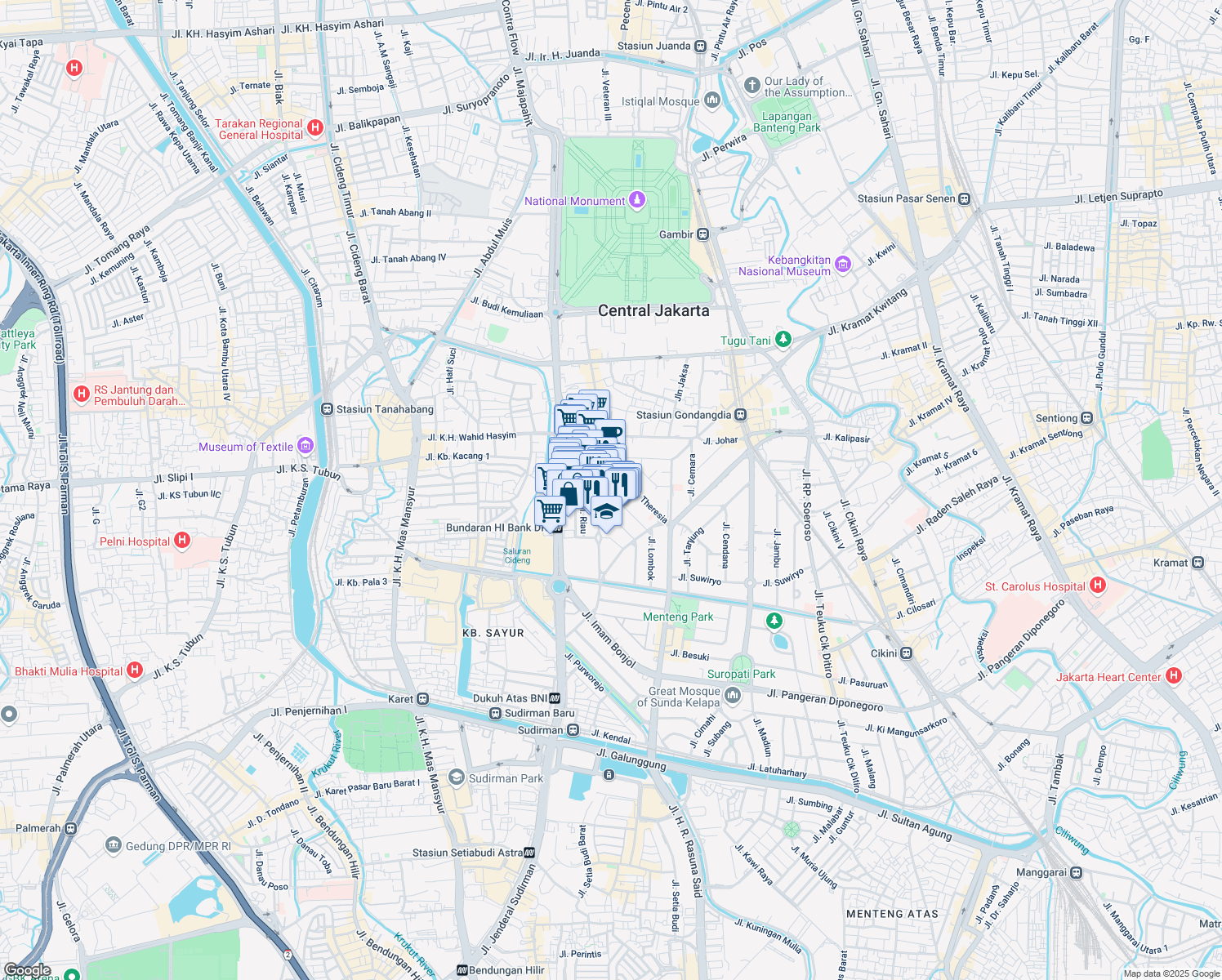 map of restaurants, bars, coffee shops, grocery stores, and more near Jalan Lombok in North Jakarta