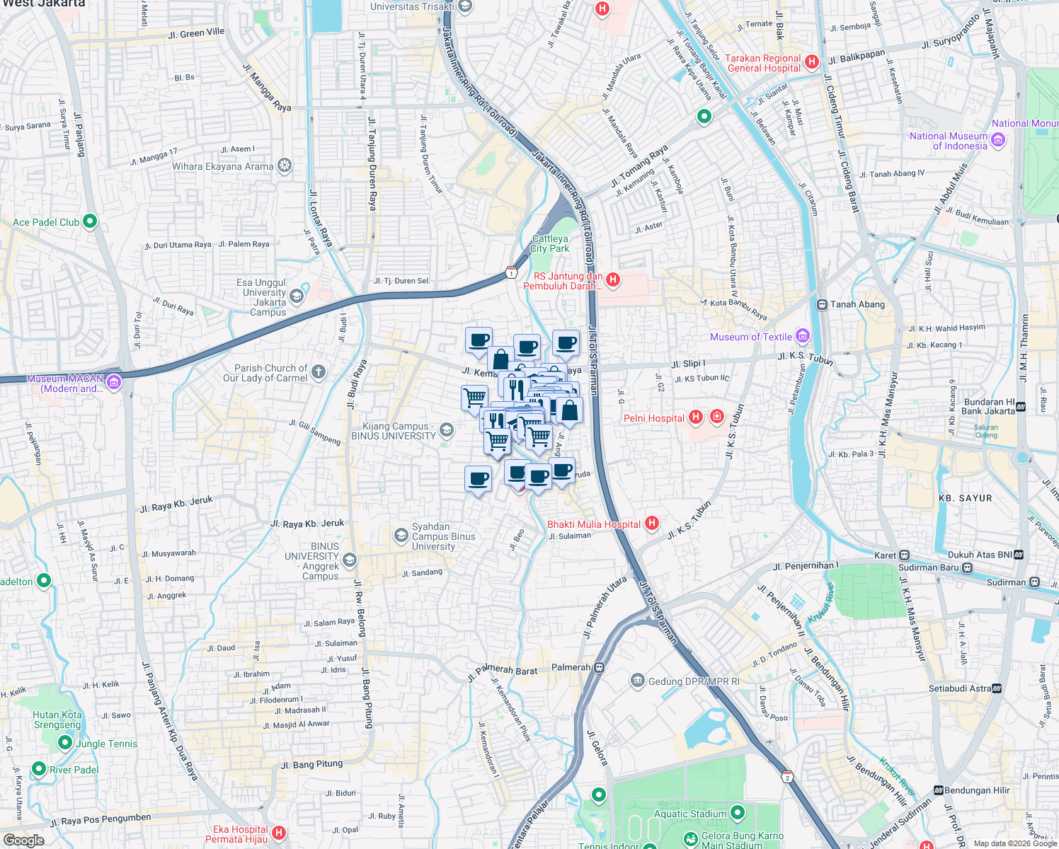 map of restaurants, bars, coffee shops, grocery stores, and more near 212 Jalan Anggrek Rosliana VII in Kota Jakarta Barat