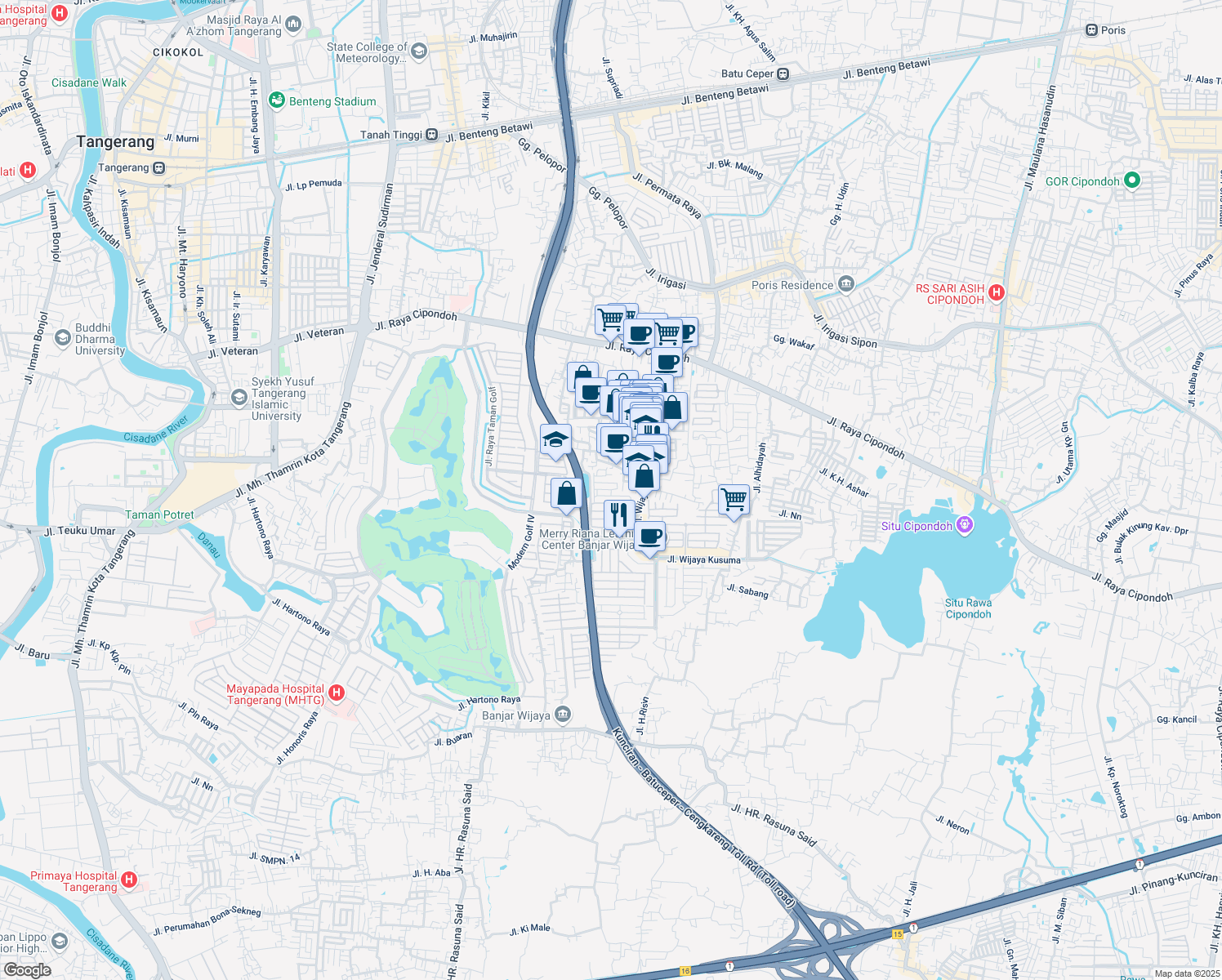 map of restaurants, bars, coffee shops, grocery stores, and more near 42 Jalan Banjar Wijaya in Tangerang