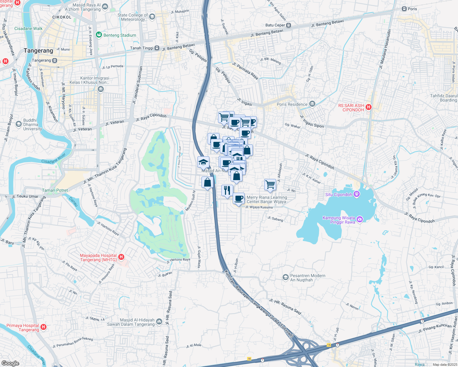 map of restaurants, bars, coffee shops, grocery stores, and more near 42 Jalan Banjar Wijaya in Kota Tangerang