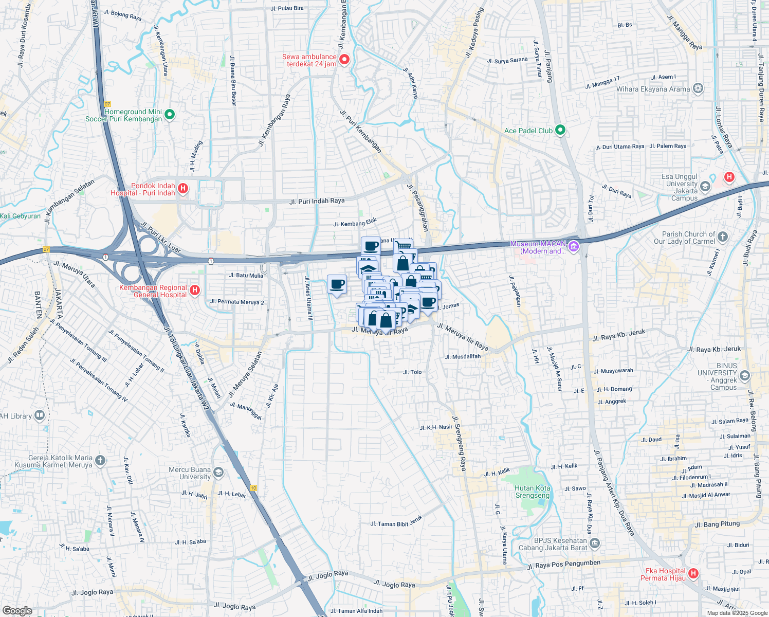 map of restaurants, bars, coffee shops, grocery stores, and more near Jalan AMD Pasar Taman Aries in Kota Jakarta Barat