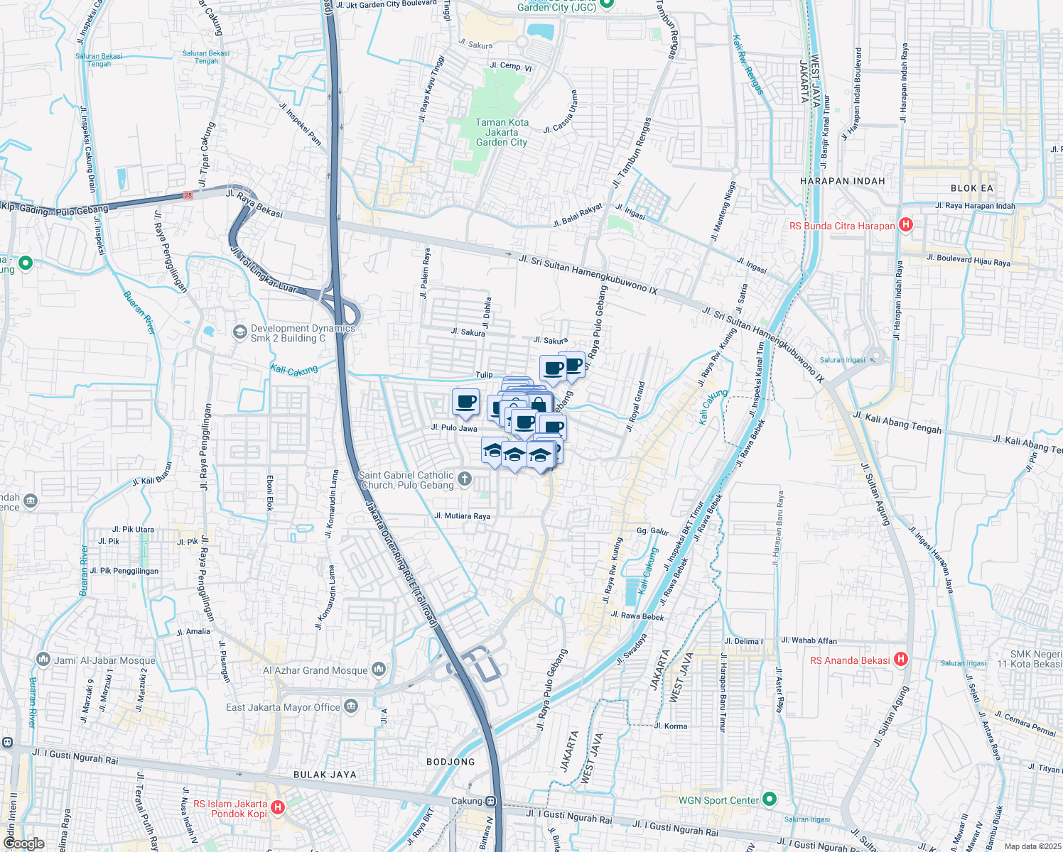 map of restaurants, bars, coffee shops, grocery stores, and more near Jalan Pulo Gebang in Kota Jakarta Timur