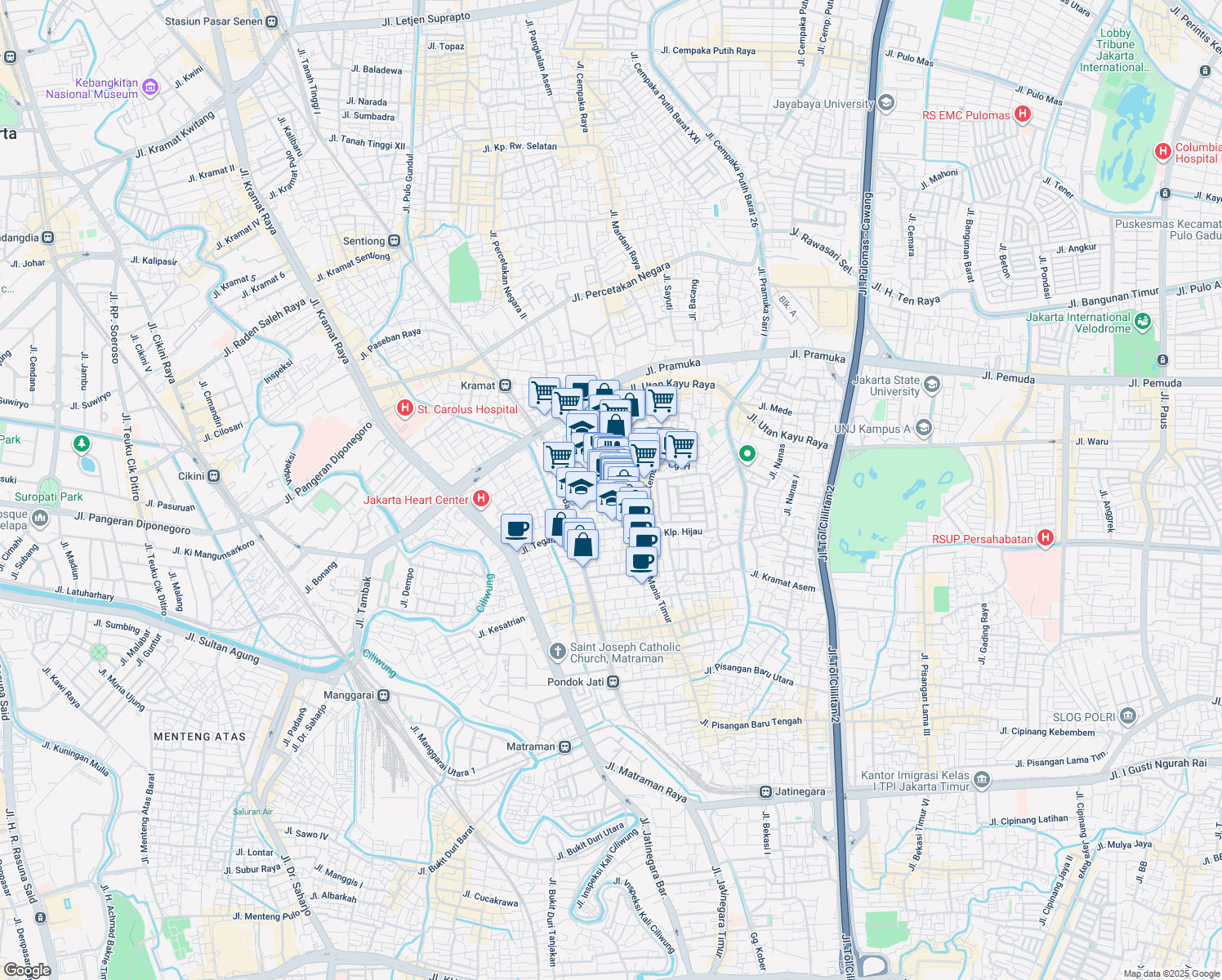 map of restaurants, bars, coffee shops, grocery stores, and more near 42 Jalan Kayu Manis Timur in Kota Jakarta Timur