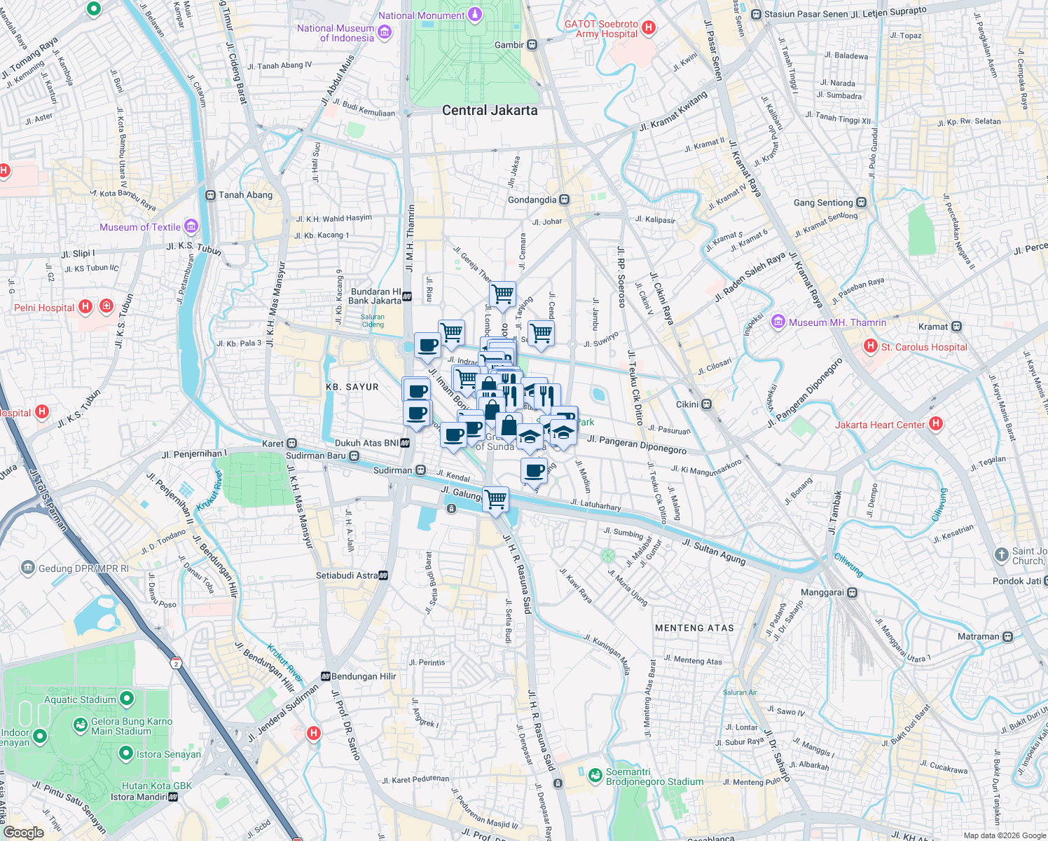 map of restaurants, bars, coffee shops, grocery stores, and more near 10 Jalan Imam Bonjol in Central Jakarta