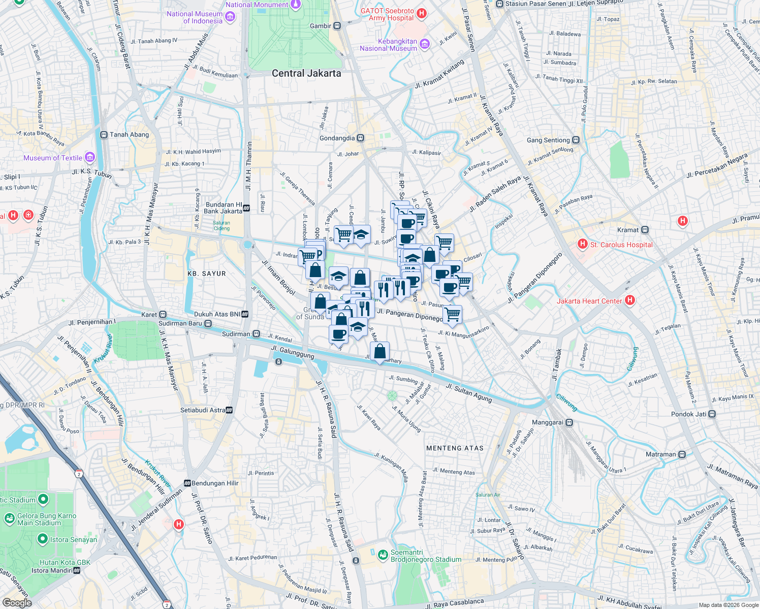 map of restaurants, bars, coffee shops, grocery stores, and more near Jalan Syamsu Rizal in Djakarta
