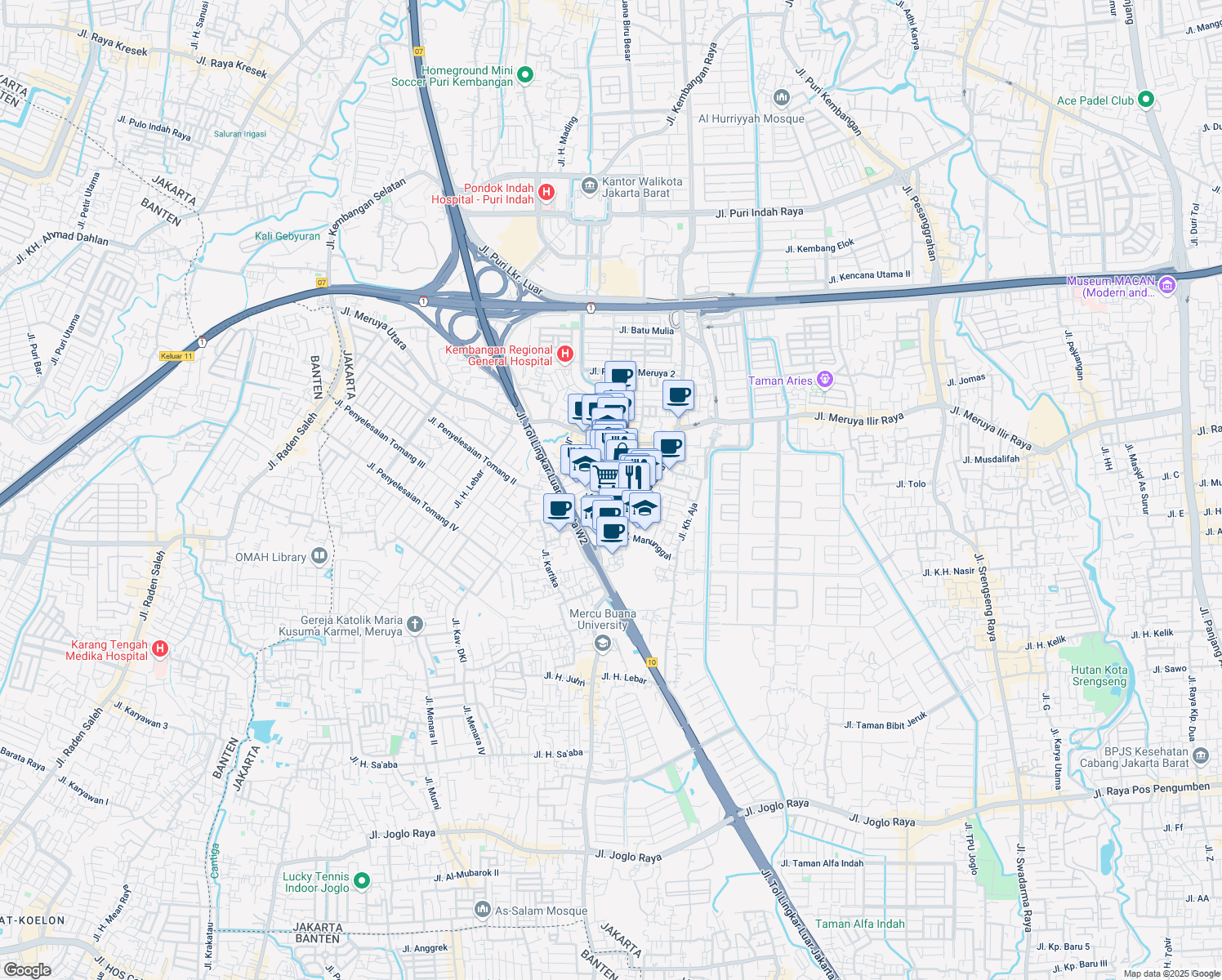 map of restaurants, bars, coffee shops, grocery stores, and more near 14 Jalan Bungur in Kota Jakarta Barat