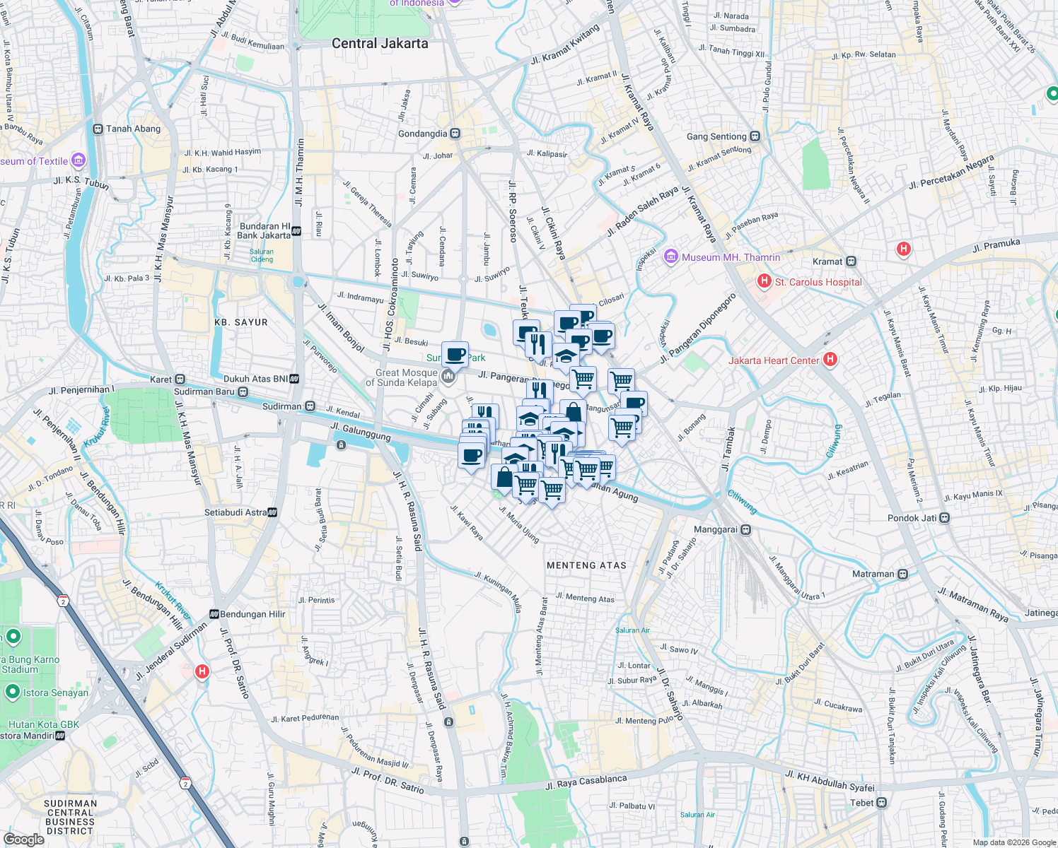 map of restaurants, bars, coffee shops, grocery stores, and more near 10 Jalan Latuharhari in Kota Jakarta Pusat