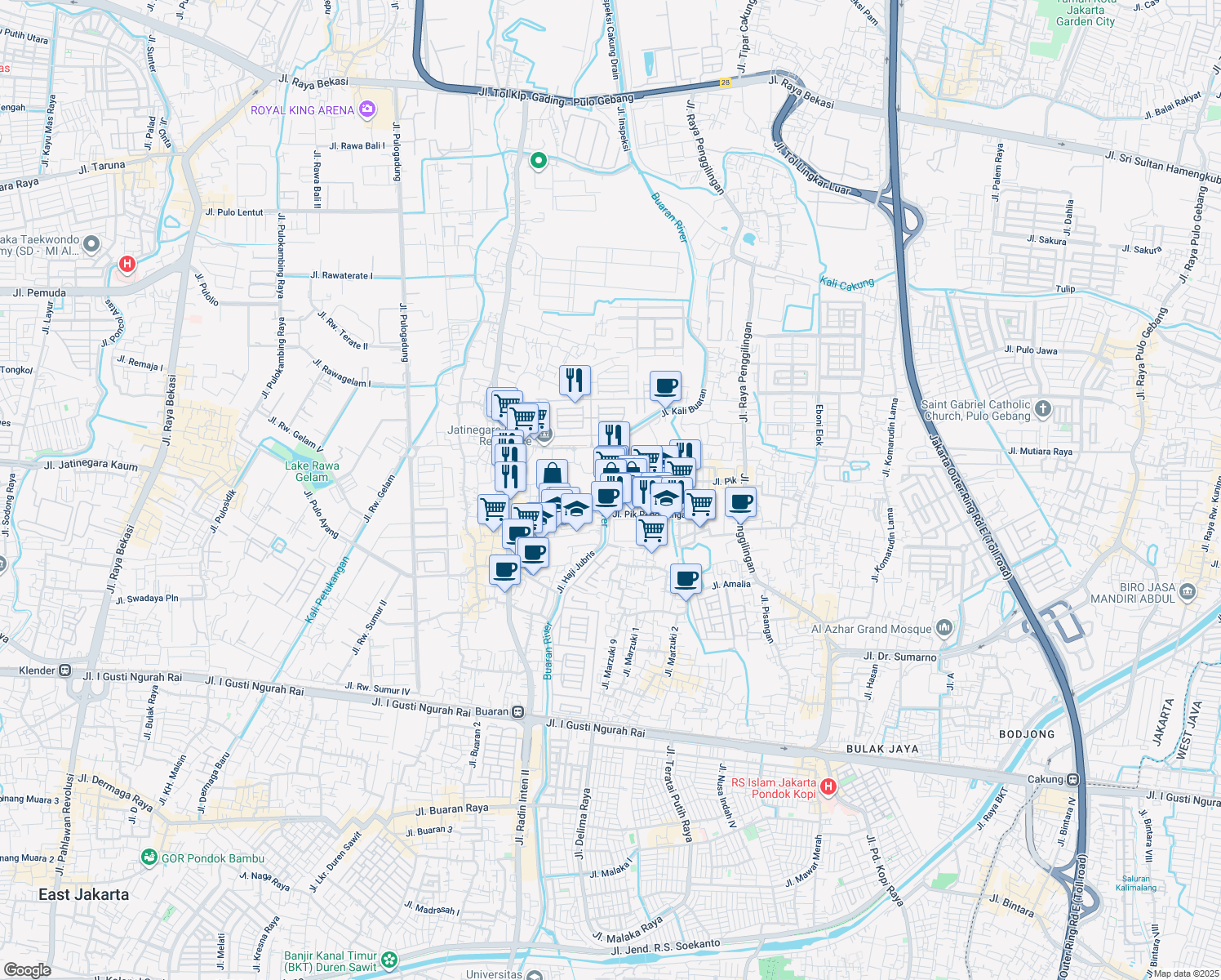 map of restaurants, bars, coffee shops, grocery stores, and more near 65 Jalan Pik Penggilingan in Kota Jakarta Timur