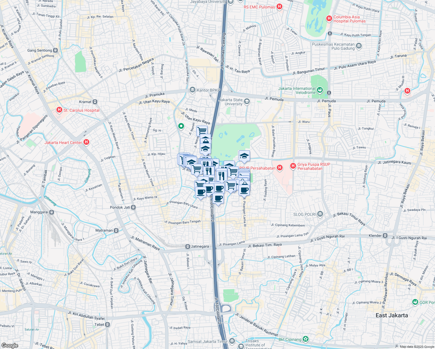 map of restaurants, bars, coffee shops, grocery stores, and more near Jalan Rawa Jaya in Kota Jakarta Timur