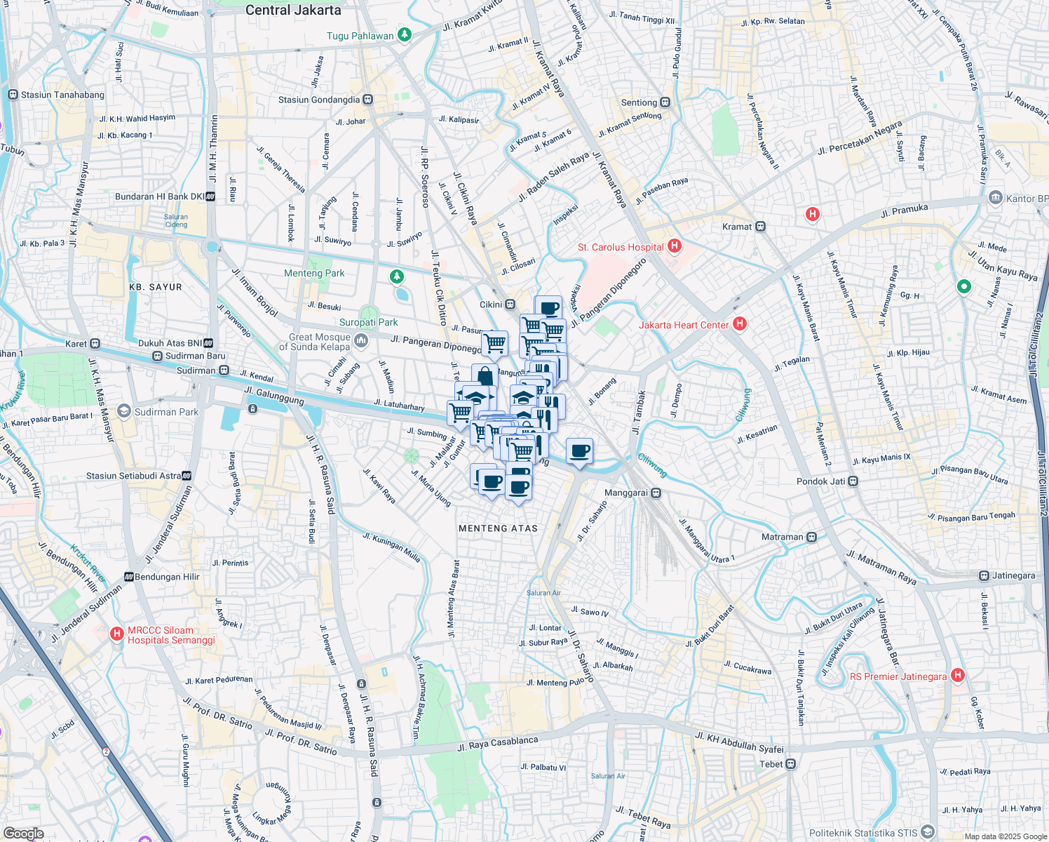 map of restaurants, bars, coffee shops, grocery stores, and more near 27 Jalan Menteng Sukabumi Gang 4 in Kota Jakarta Pusat