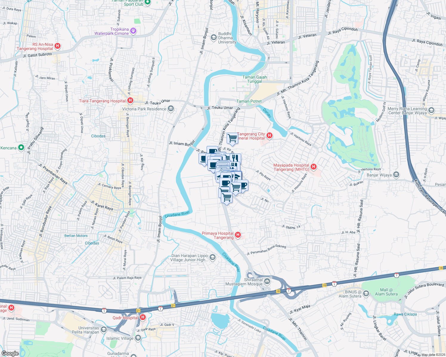 map of restaurants, bars, coffee shops, grocery stores, and more near in Kota Tangerang