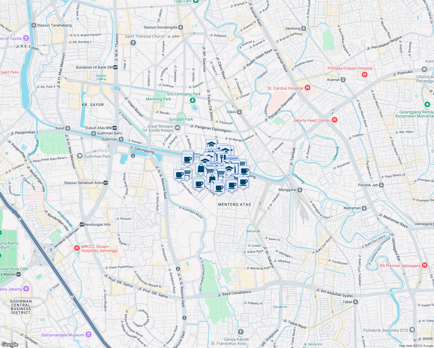 map of restaurants, bars, coffee shops, grocery stores, and more near 1a Jalan Guntur in Kota Jakarta Selatan
