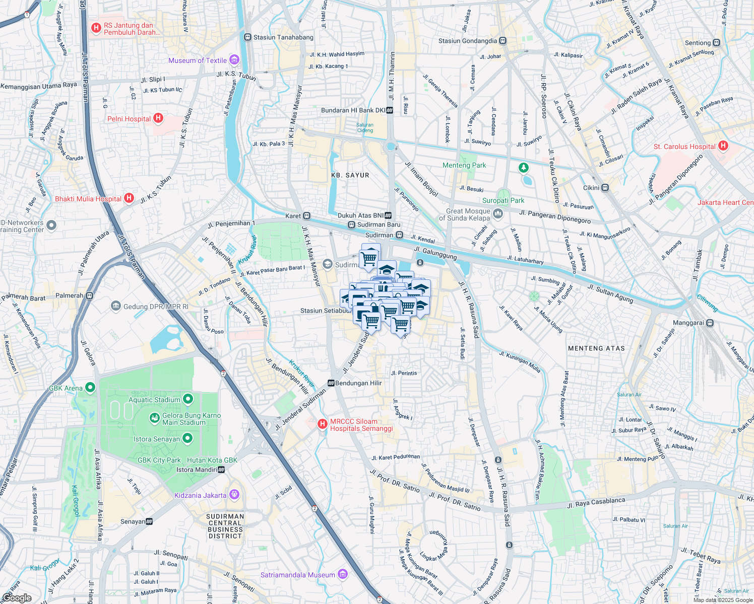 map of restaurants, bars, coffee shops, grocery stores, and more near Jalan Jendral Sudirman in Kota Jakarta Pusat